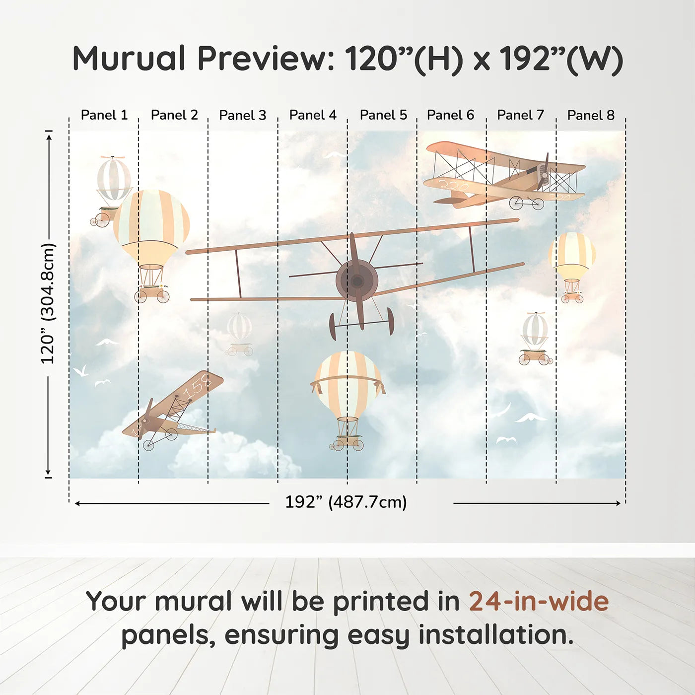Whimsy Tots Vintage Sky Parade Wall Muraldimension view (120" H x 192" W). Printed in eight 24-inch-wide panels. Gender-Neutral