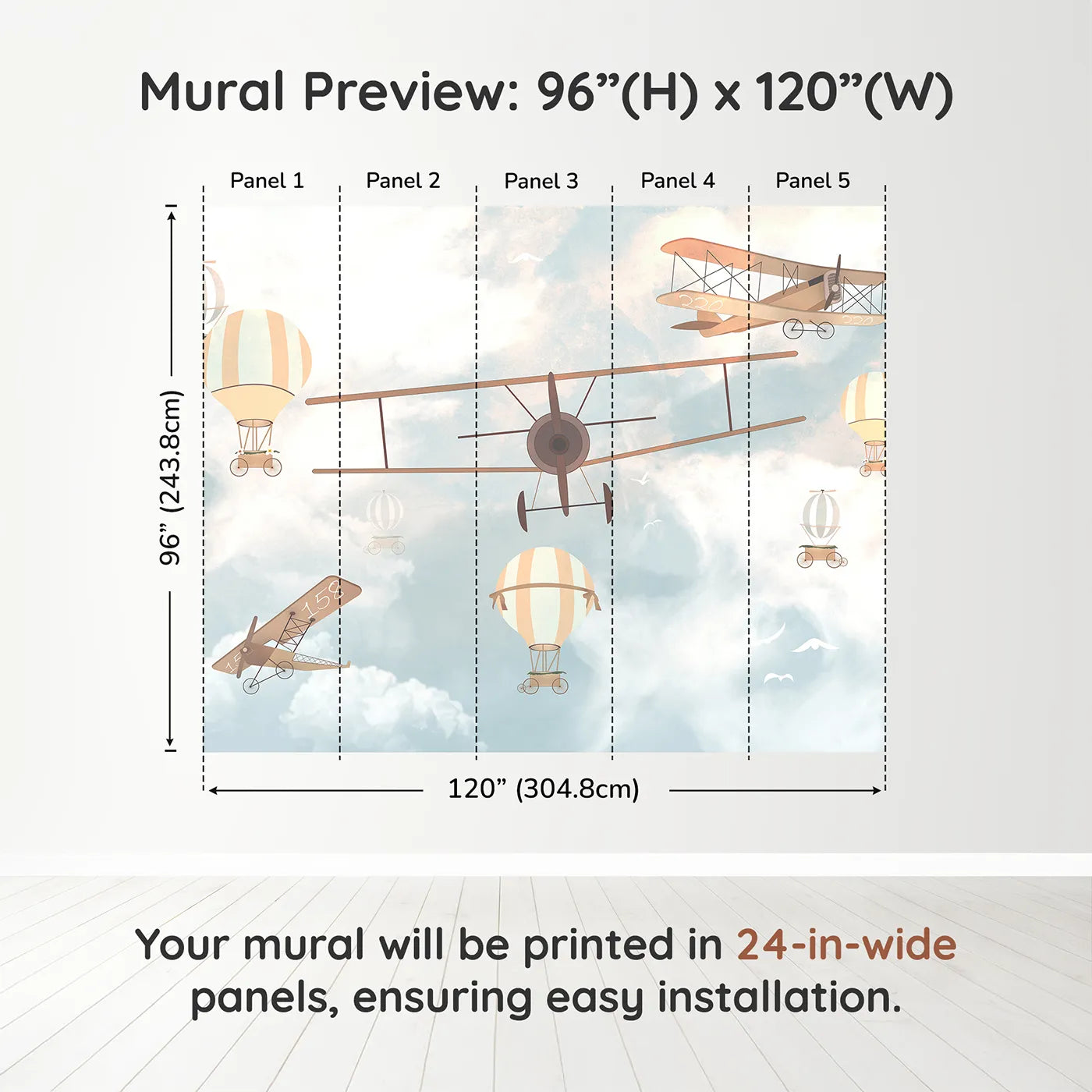 Whimsy Tots Vintage Sky Parade Wall Muraldimension view (96" H x 120" W). Printed in five 24-inch-wide panels. Gender-Neutral