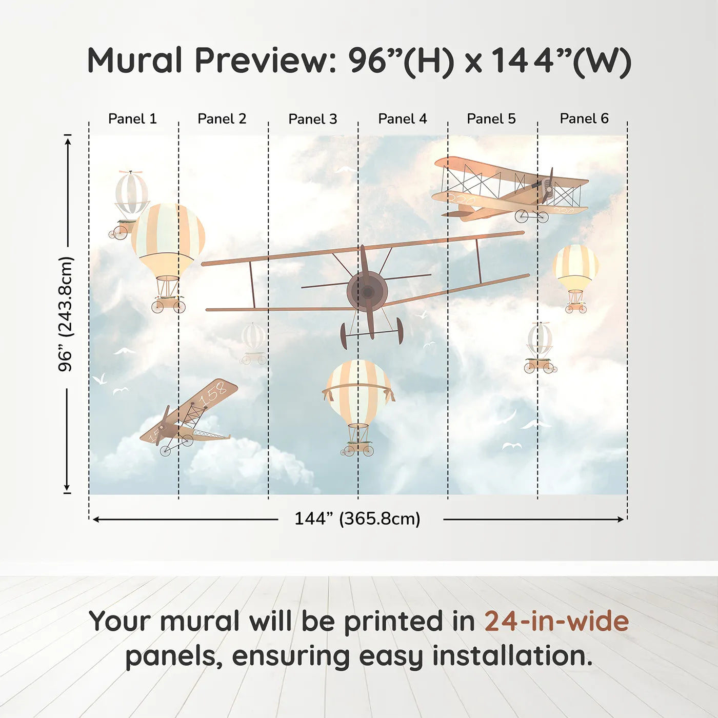 Whimsy Tots Vintage Sky Parade Wall Muraldimension view (96" H x 144" W). Printed in six 24-inch-wide panels. Gender-Neutral