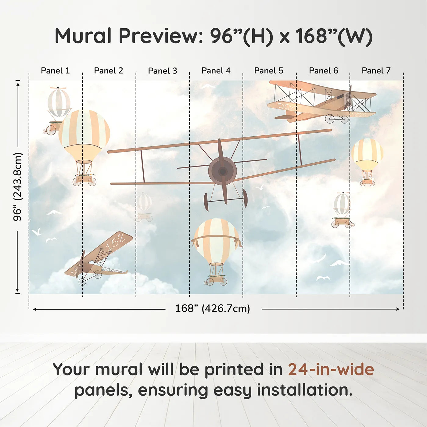 Whimsy Tots Vintage Sky Parade Wall Muraldimension view (96" H x 168" W). Printed in seven 24-inch-wide panels. Gender-Neutral