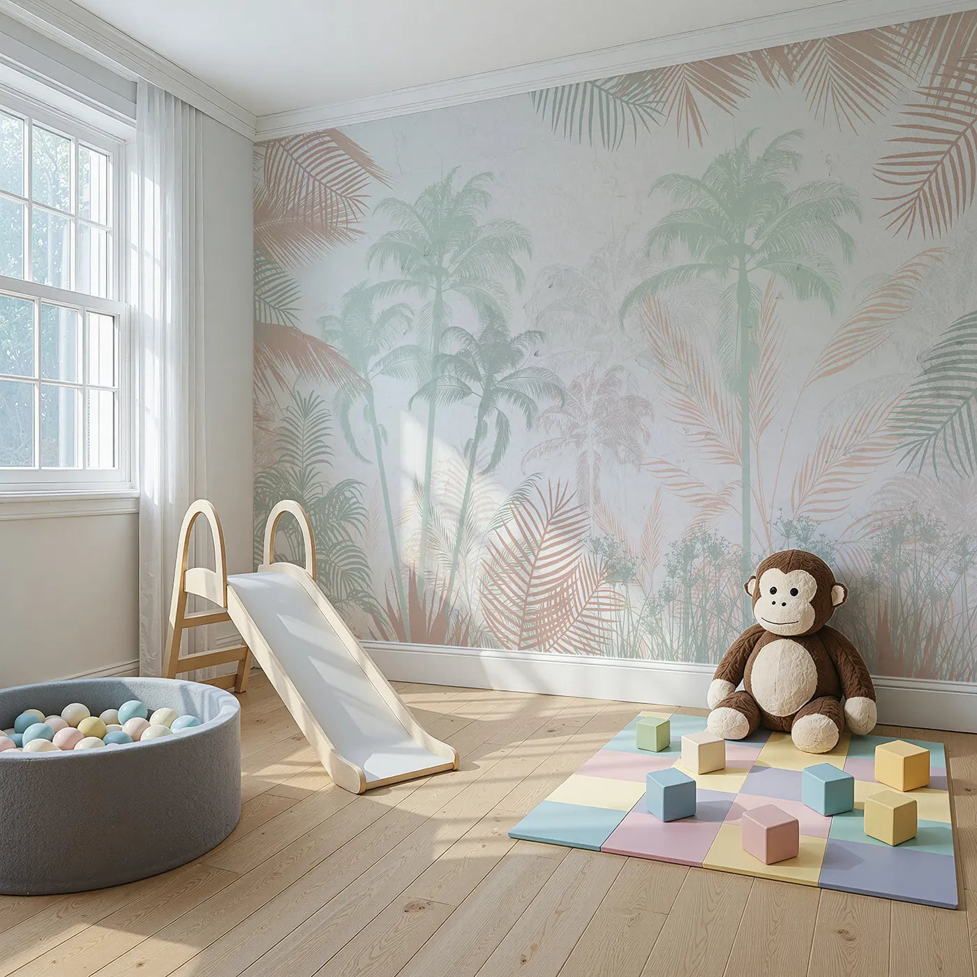 Angled view of Whimsy Tots' Pastel Palm Jungle Wall Mural (Turn Their Room into a Soft and Dreamy Tropical Escape).Gender-Neutral