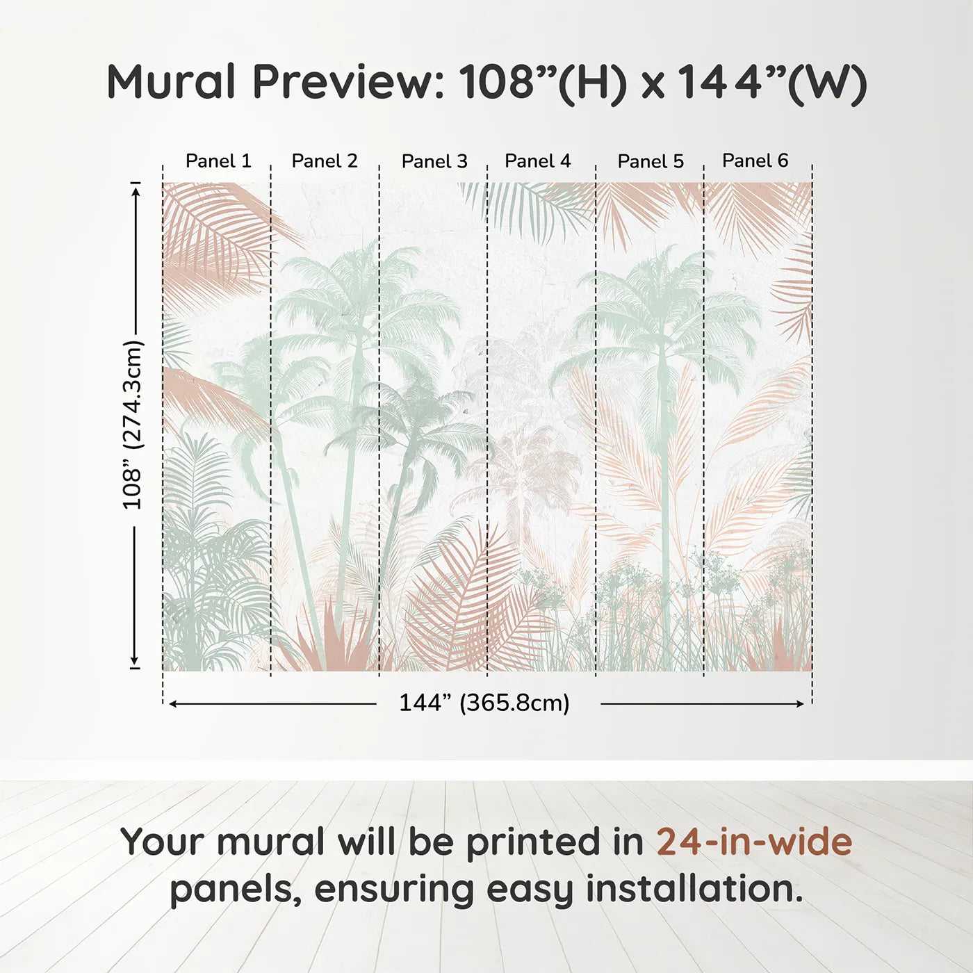 Whimsy Tots Pastel Palm Jungle Wall Muraldimension view (108" H x 144" W). Printed in six 24-inch-wide panels. Gender-Neutral