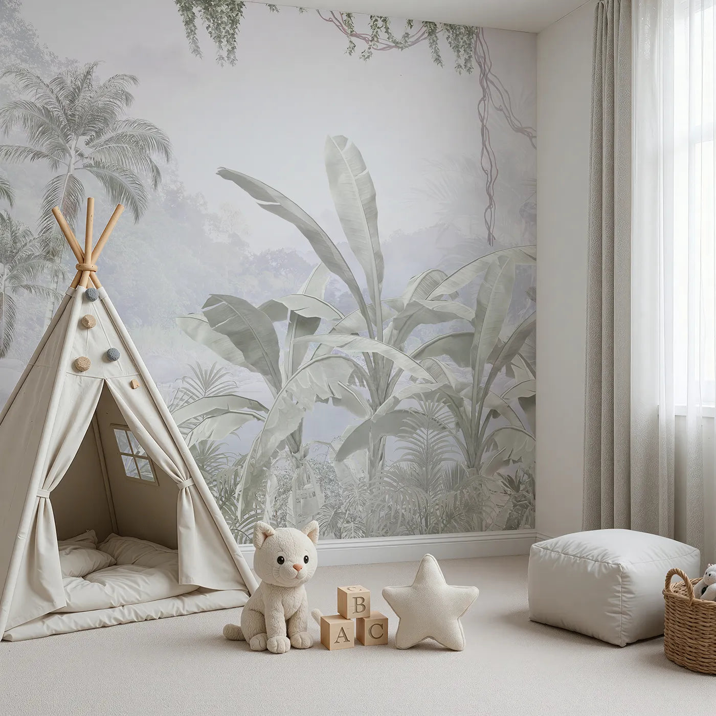 Angled view of Whimsy Tots' Misty Gray Jungle Wall Mural (Turn Their Room into an Ethereal, Monochrome Rainforest).Gender-Neutral