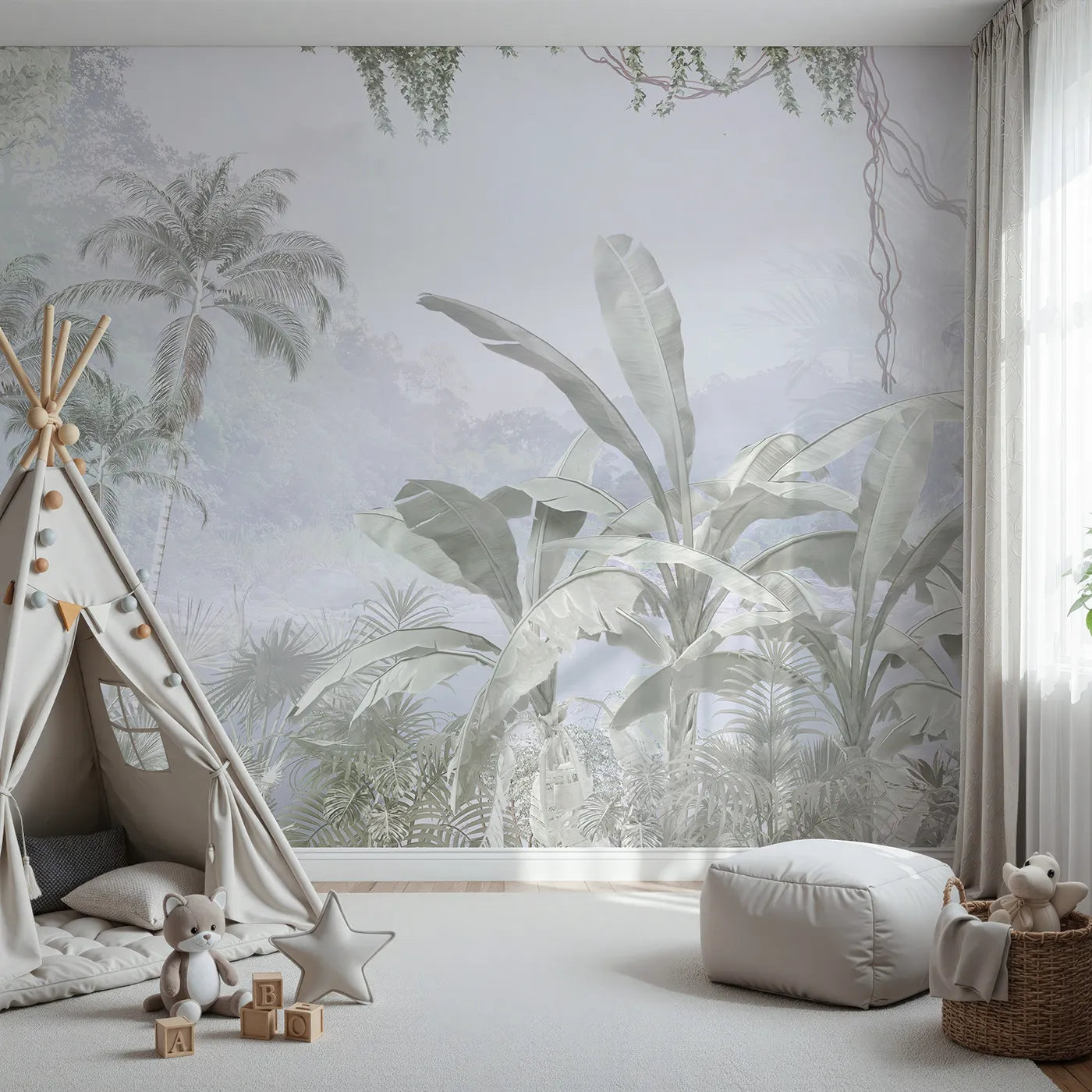 Front view of Whimsy Tots' Misty Gray Jungle Wall Mural
