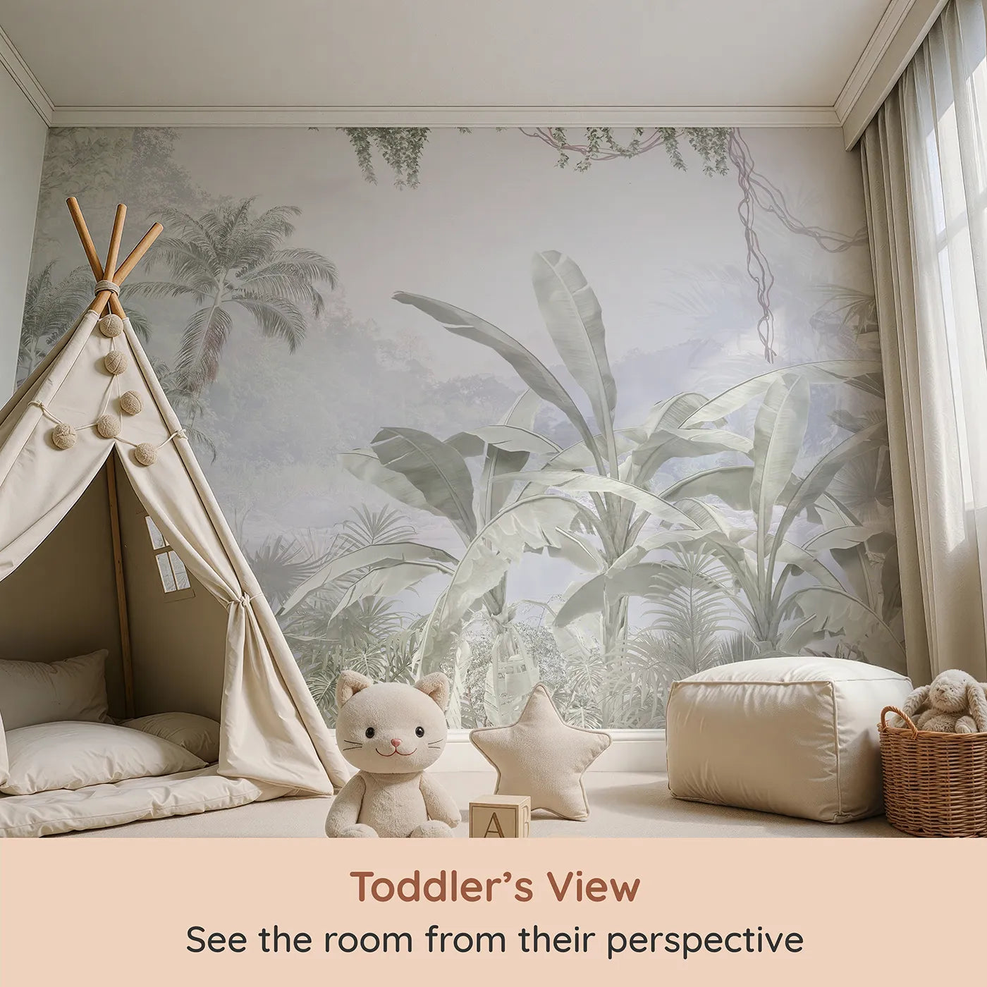 Whimsy Tots Misty Gray Jungle Wall Mural (Turn Their Room into an Ethereal, Monochrome Rainforest) from your child's view.Gender-Neutral