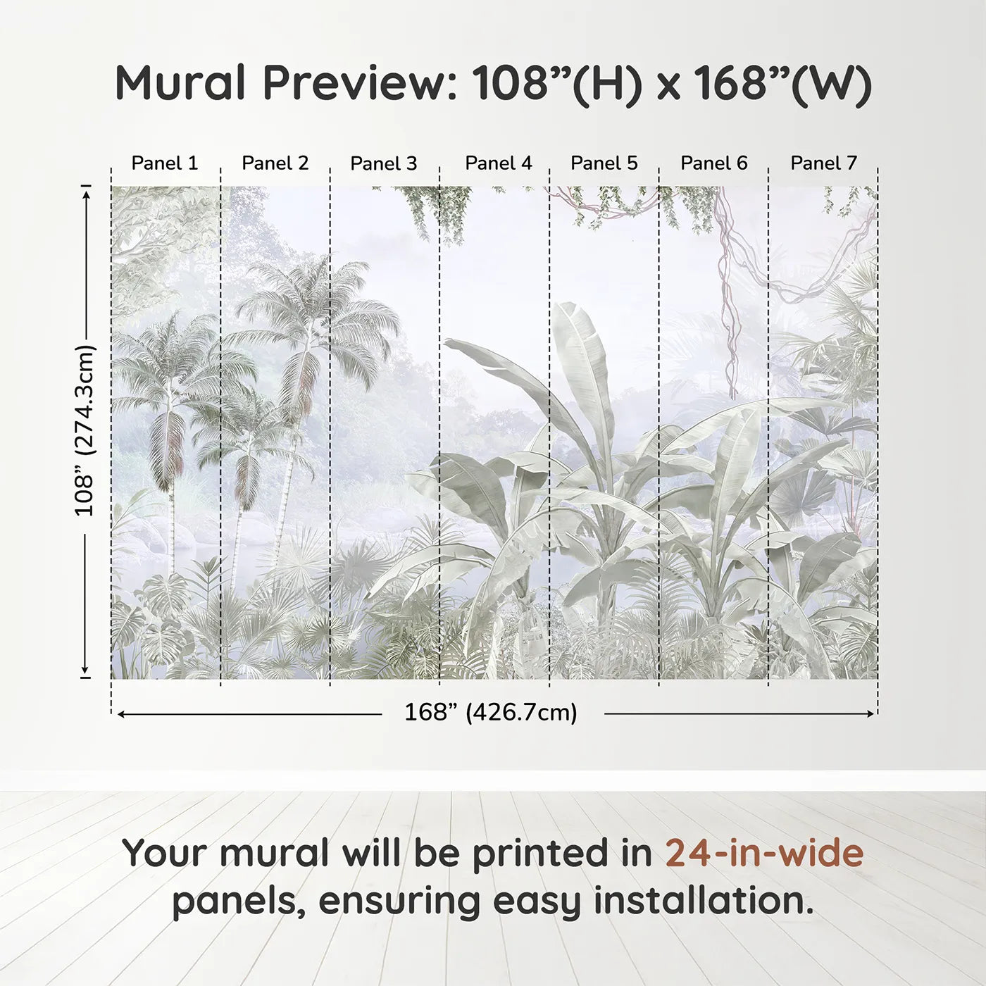 Whimsy Tots Misty Gray Jungle Wall Muraldimension view (108" H x 168" W). Printed in seven 24-inch-wide panels. Gender-Neutral