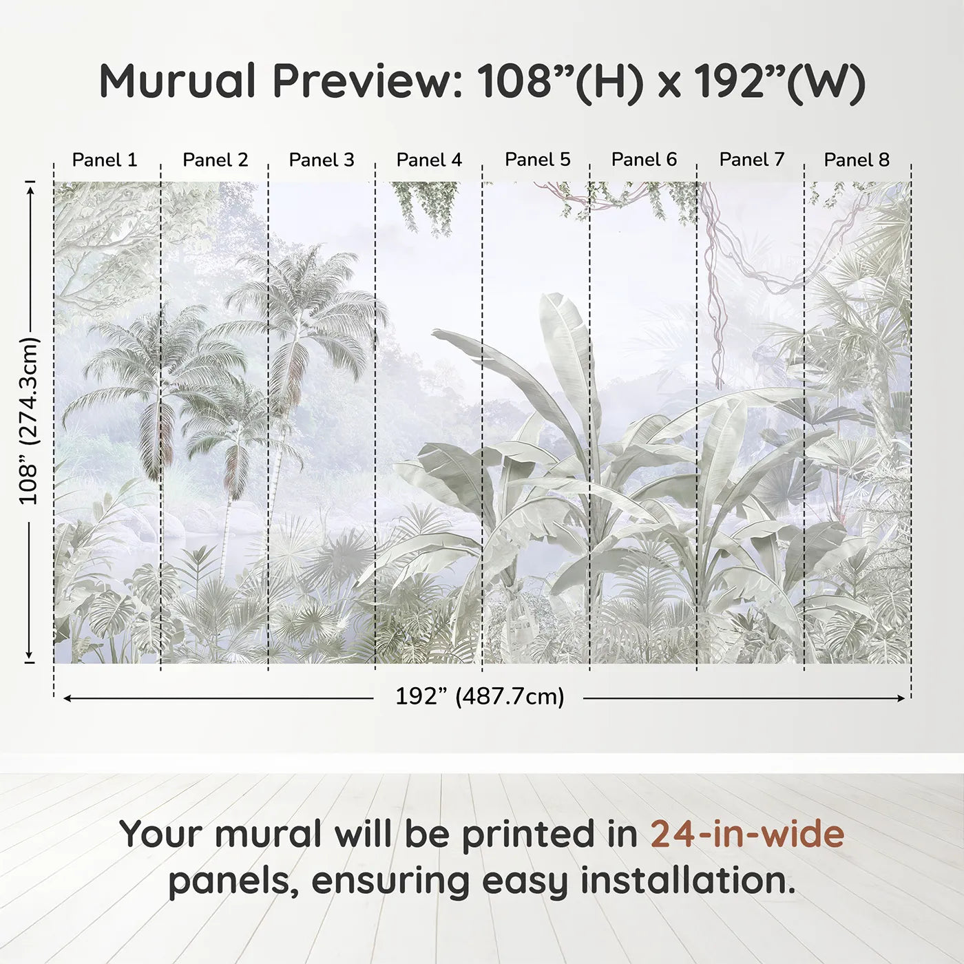 Whimsy Tots Misty Gray Jungle Wall Muraldimension view (108" H x 192" W). Printed in eight 24-inch-wide panels. Gender-Neutral