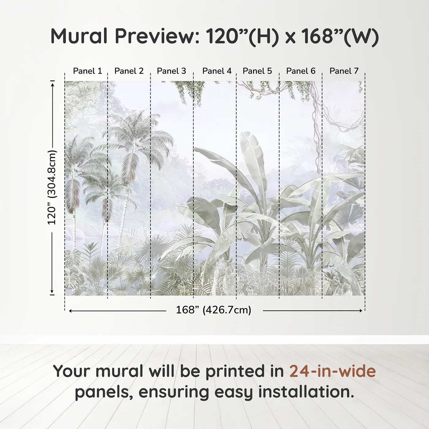 Whimsy Tots Misty Gray Jungle Wall Muraldimension view (120" H x 168" W). Printed in seven 24-inch-wide panels. Gender-Neutral