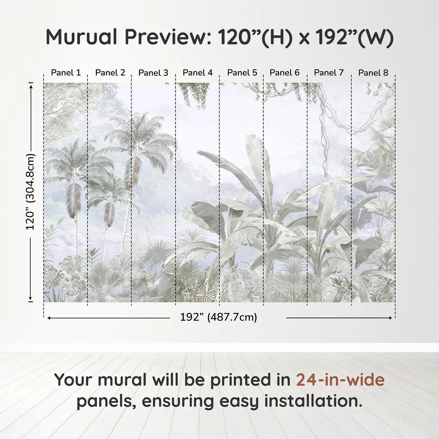 Whimsy Tots Misty Gray Jungle Wall Muraldimension view (120" H x 192" W). Printed in eight 24-inch-wide panels. Gender-Neutral