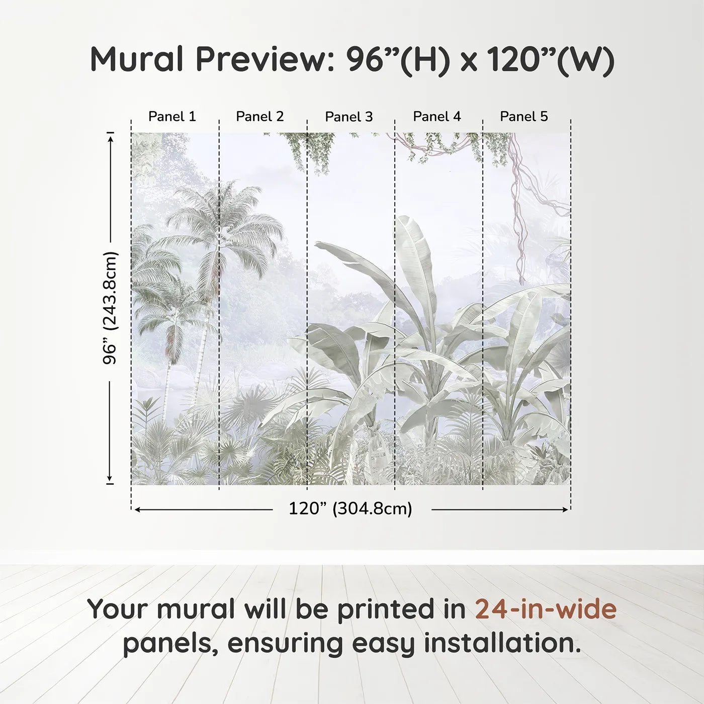 Whimsy Tots Misty Gray Jungle Wall Muraldimension view (96" H x 120" W). Printed in five 24-inch-wide panels. Gender-Neutral