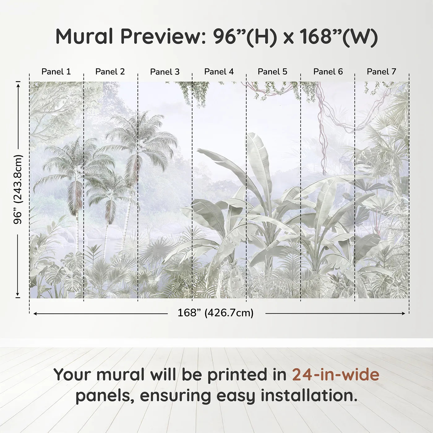 Whimsy Tots Misty Gray Jungle Wall Muraldimension view (96" H x 168" W). Printed in seven 24-inch-wide panels. Gender-Neutral