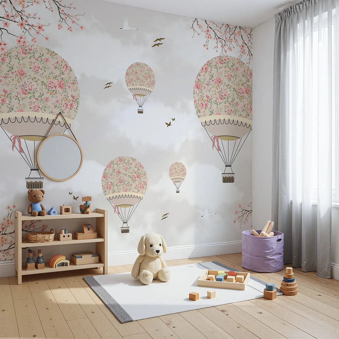 Angled view of Whimsy Tots' Floral Balloon Festival Wall Mural (Turn Their Room into a Romantic, High-Flying Garden Party).Best for Girls