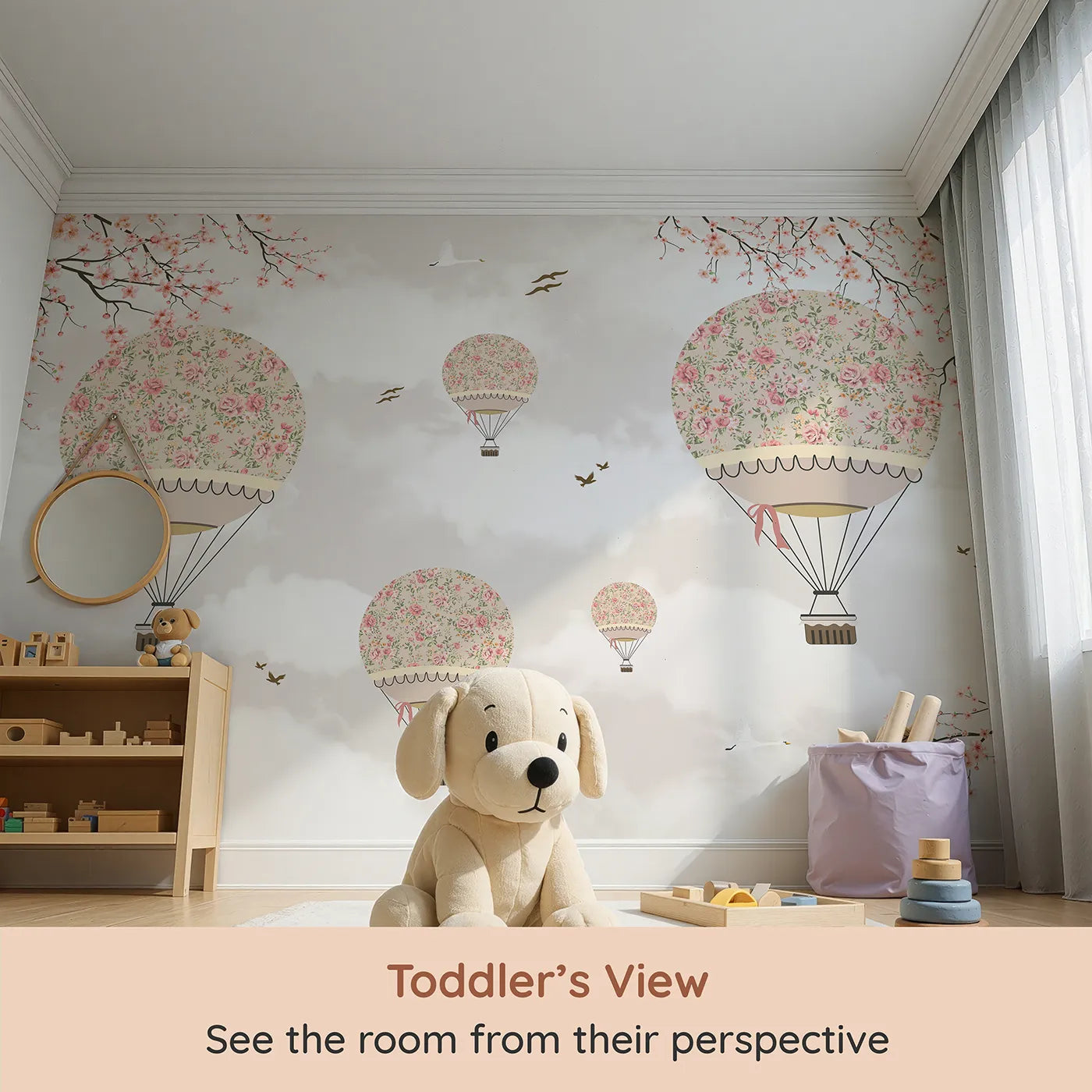 Whimsy Tots Floral Balloon Festival Wall Mural (Turn Their Room into a Romantic, High-Flying Garden Party) from your child's view.Best for Girls