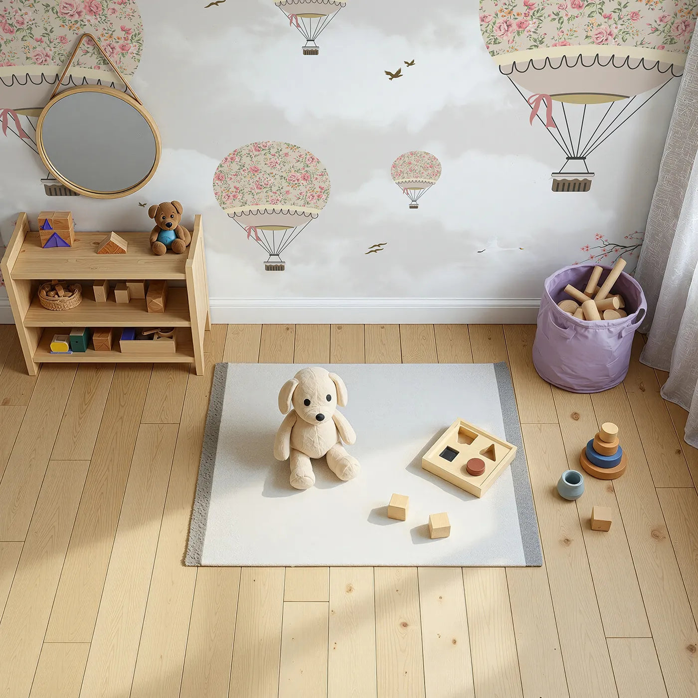 Top-down view of Whimsy Tots' Floral Balloon Festival Wall Mural (Turn Their Room into a Romantic, High-Flying Garden Party).Best for Girls