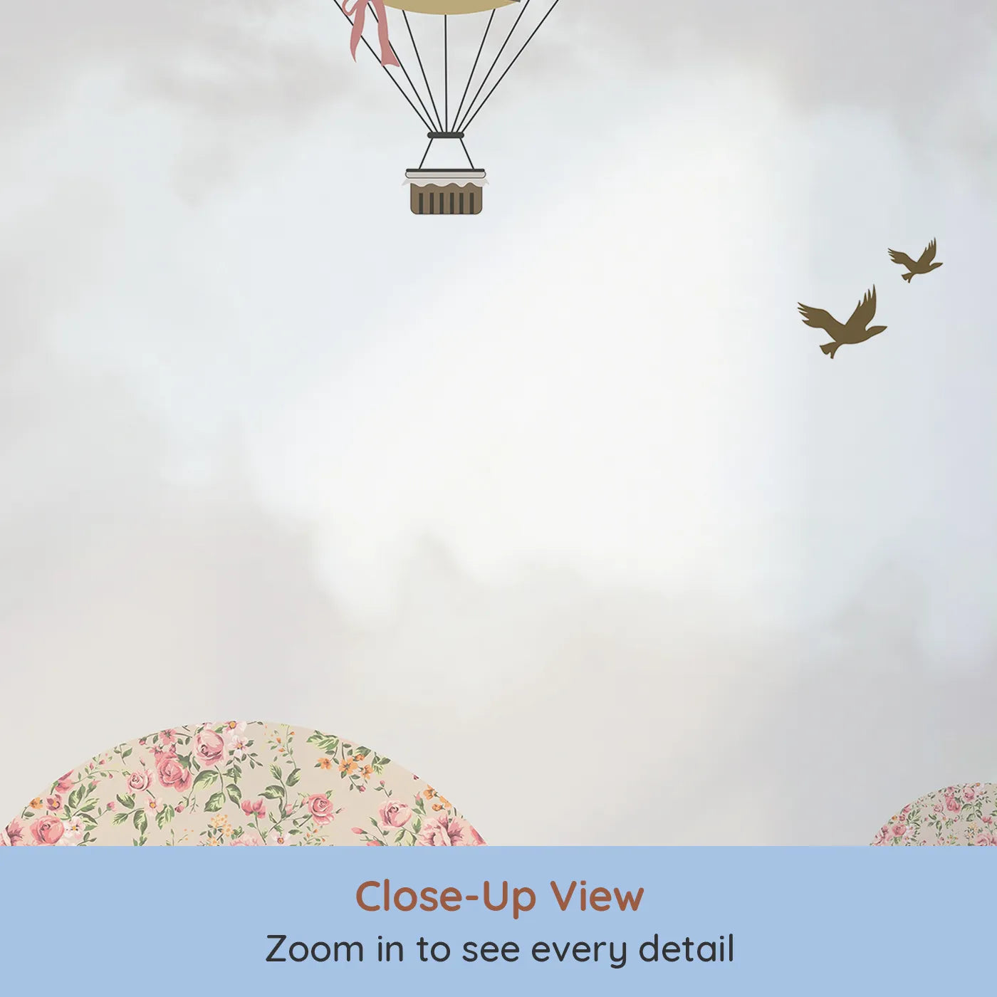 Close-up view of Whimsy Tots' Floral Balloon Festival Wall Mural (Turn Their Room into a Romantic, High-Flying Garden Party).Best for Girls