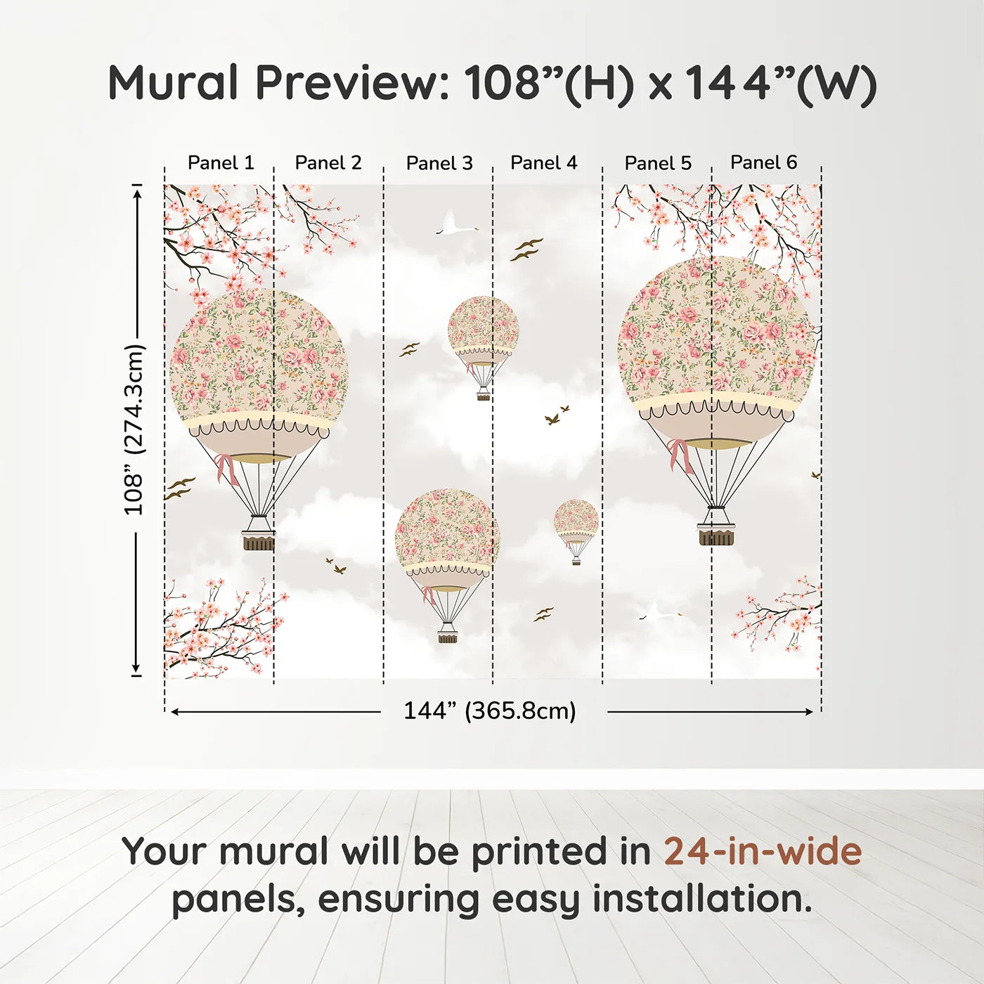 Whimsy Tots Floral Balloon Festival Wall Muraldimension view (108" H x 144" W). Printed in six 24-inch-wide panels. Best for Girls