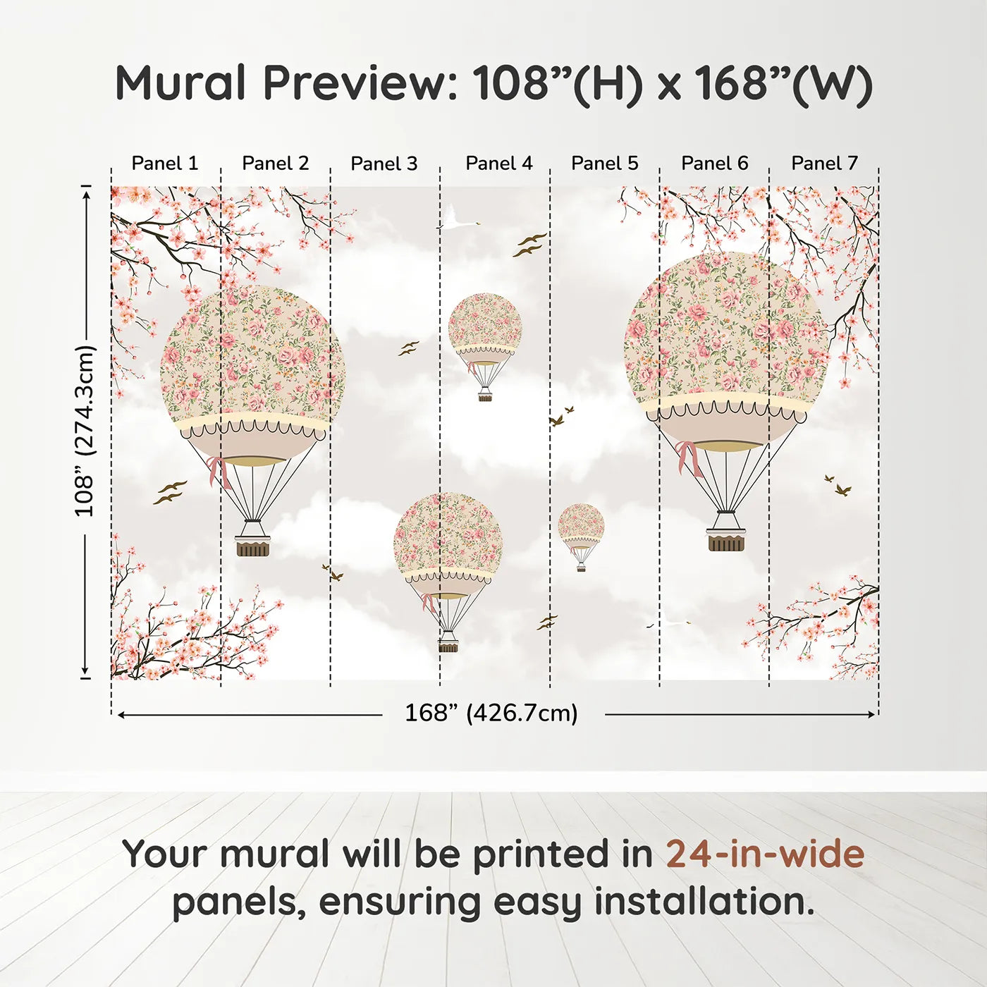 Whimsy Tots Floral Balloon Festival Wall Muraldimension view (108" H x 168" W). Printed in seven 24-inch-wide panels. Best for Girls