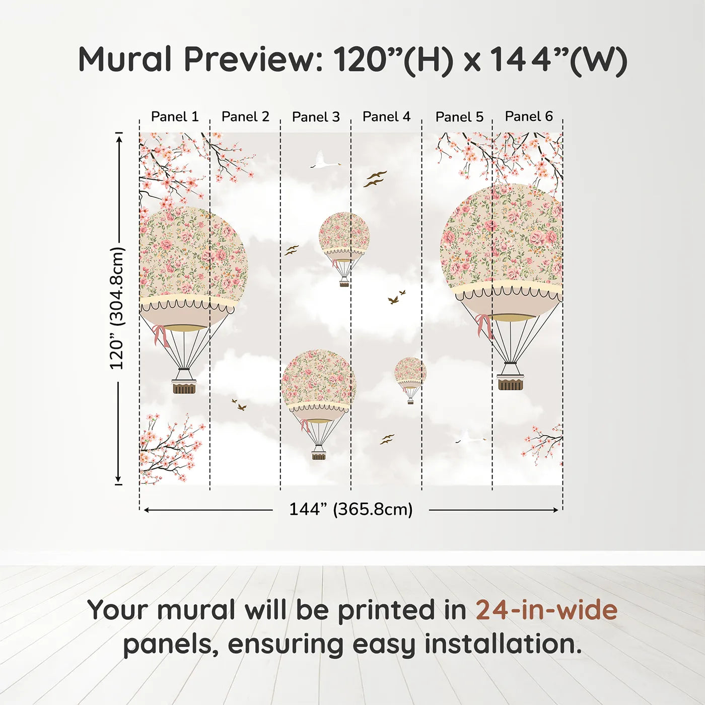 Whimsy Tots Floral Balloon Festival Wall Muraldimension view (120" H x 144" W). Printed in six 24-inch-wide panels. Best for Girls