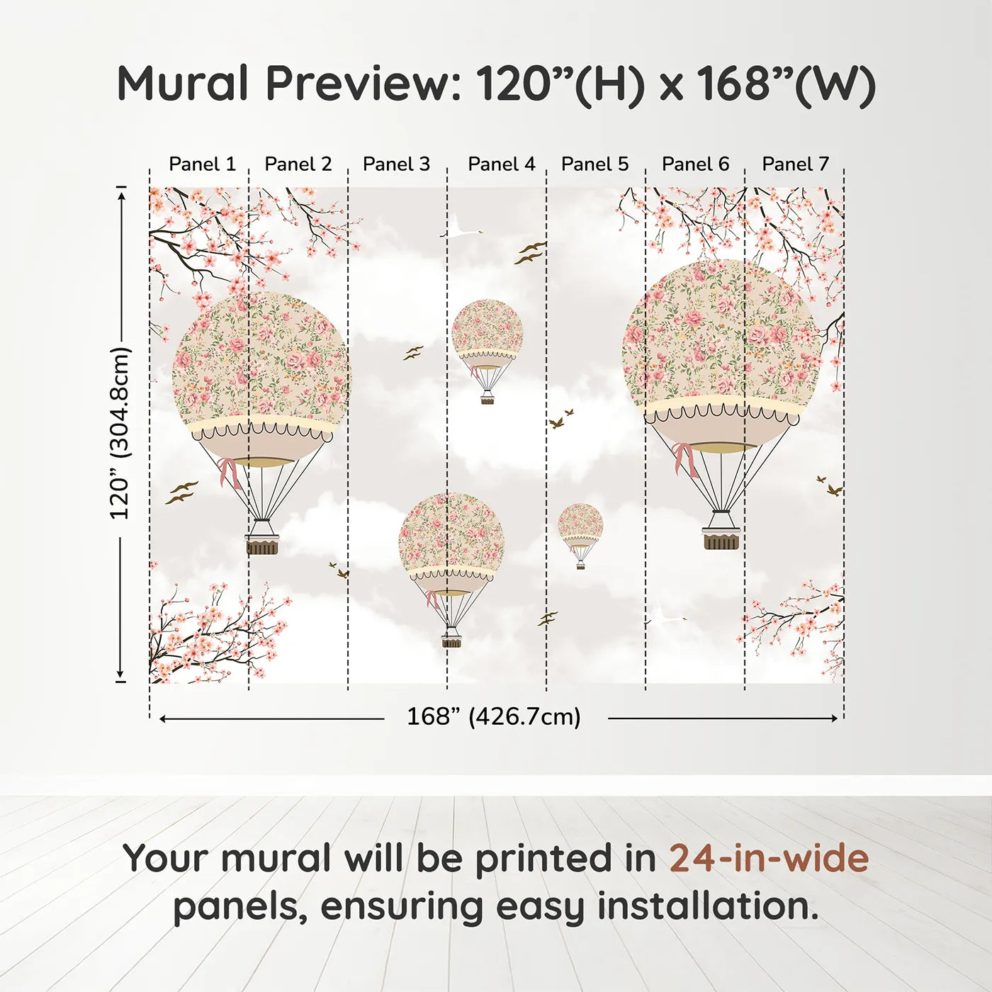 Whimsy Tots Floral Balloon Festival Wall Muraldimension view (120" H x 168" W). Printed in seven 24-inch-wide panels. Best for Girls