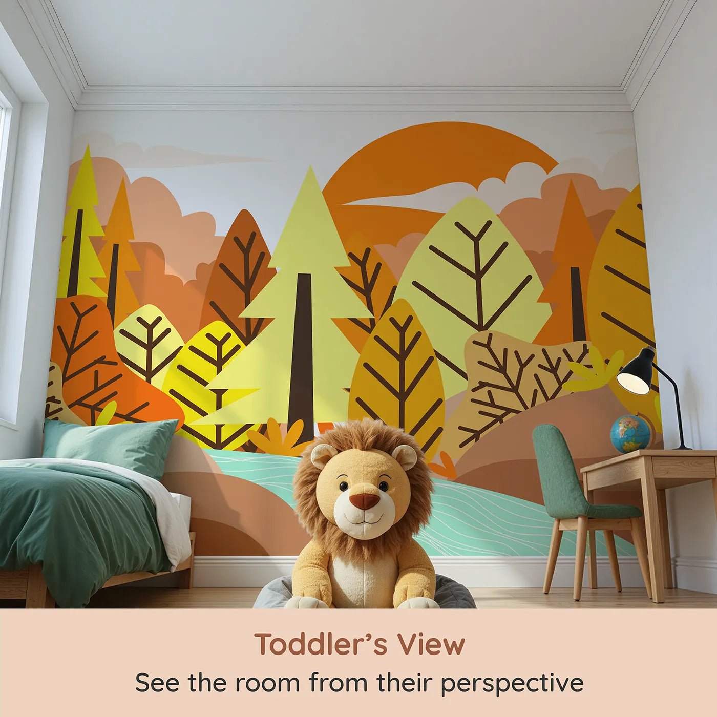 Whimsy Tots Graphic Autumn River Wall Mural (Turn Their Room into a Bold and Colorful Autumn Day) from your child's view.Gender-Neutral