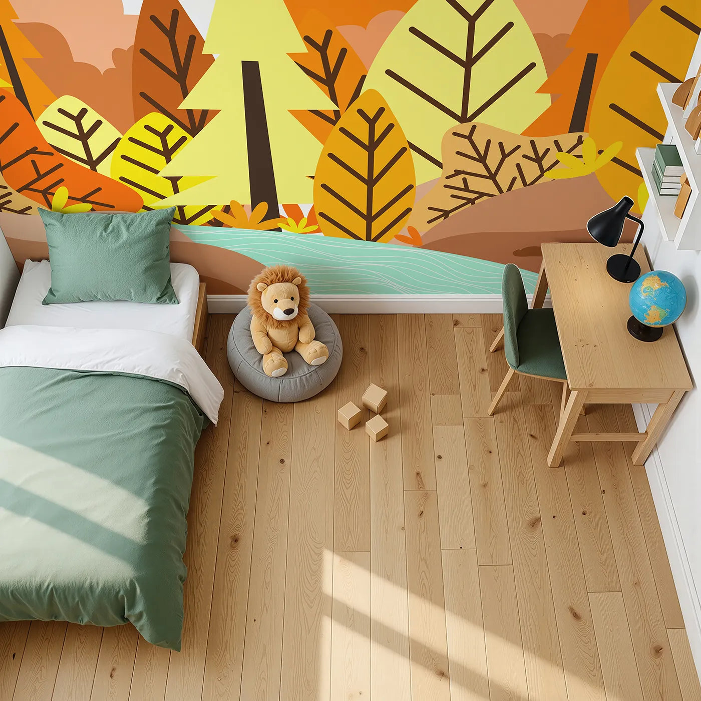 Top-down view of Whimsy Tots' Graphic Autumn River Wall Mural (Turn Their Room into a Bold and Colorful Autumn Day).Gender-Neutral