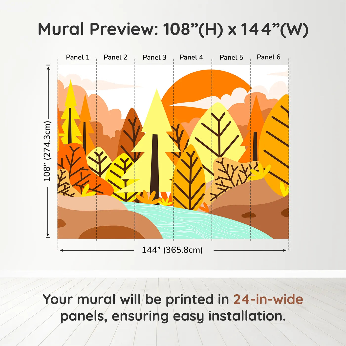 Whimsy Tots Graphic Autumn River Wall Muraldimension view (108" H x 144" W). Printed in six 24-inch-wide panels. Gender-Neutral