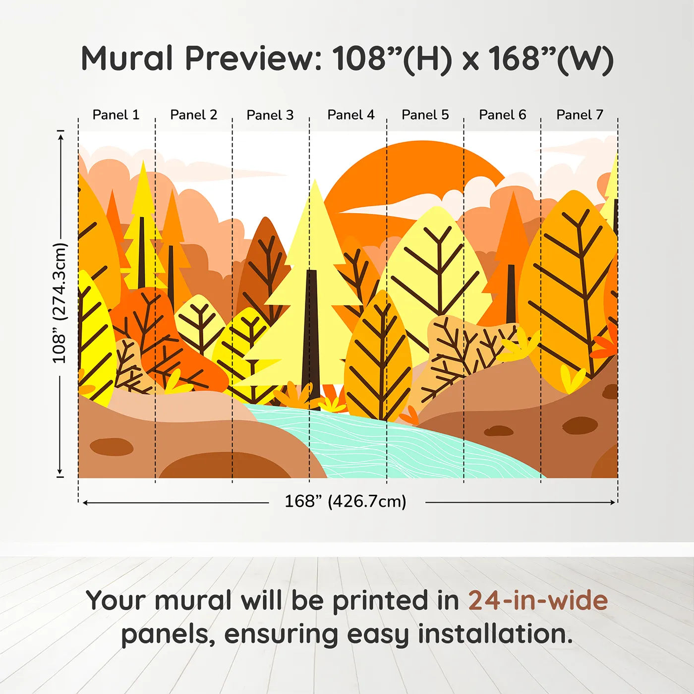 Whimsy Tots Graphic Autumn River Wall Muraldimension view (108" H x 168" W). Printed in seven 24-inch-wide panels. Gender-Neutral