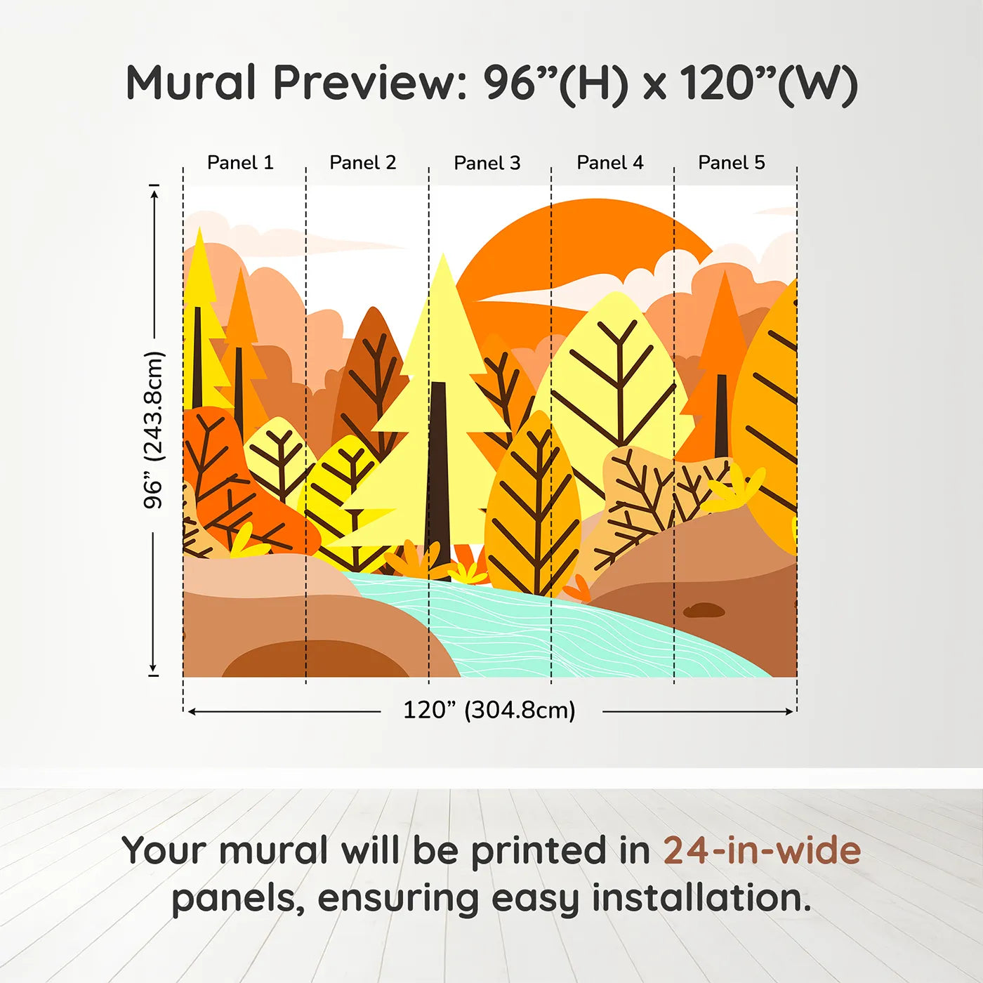 Whimsy Tots Graphic Autumn River Wall Muraldimension view (96" H x 120" W). Printed in five 24-inch-wide panels. Gender-Neutral