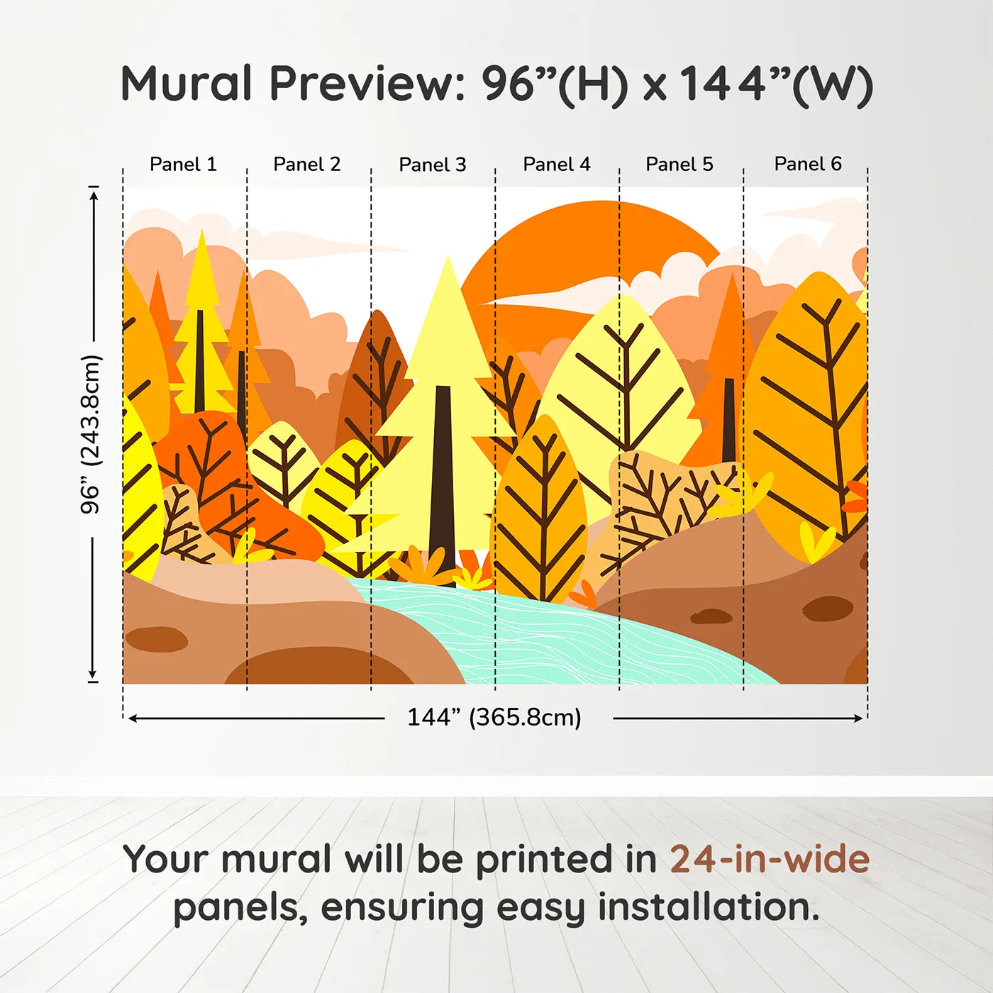 Whimsy Tots Graphic Autumn River Wall Muraldimension view (96" H x 144" W). Printed in six 24-inch-wide panels. Gender-Neutral