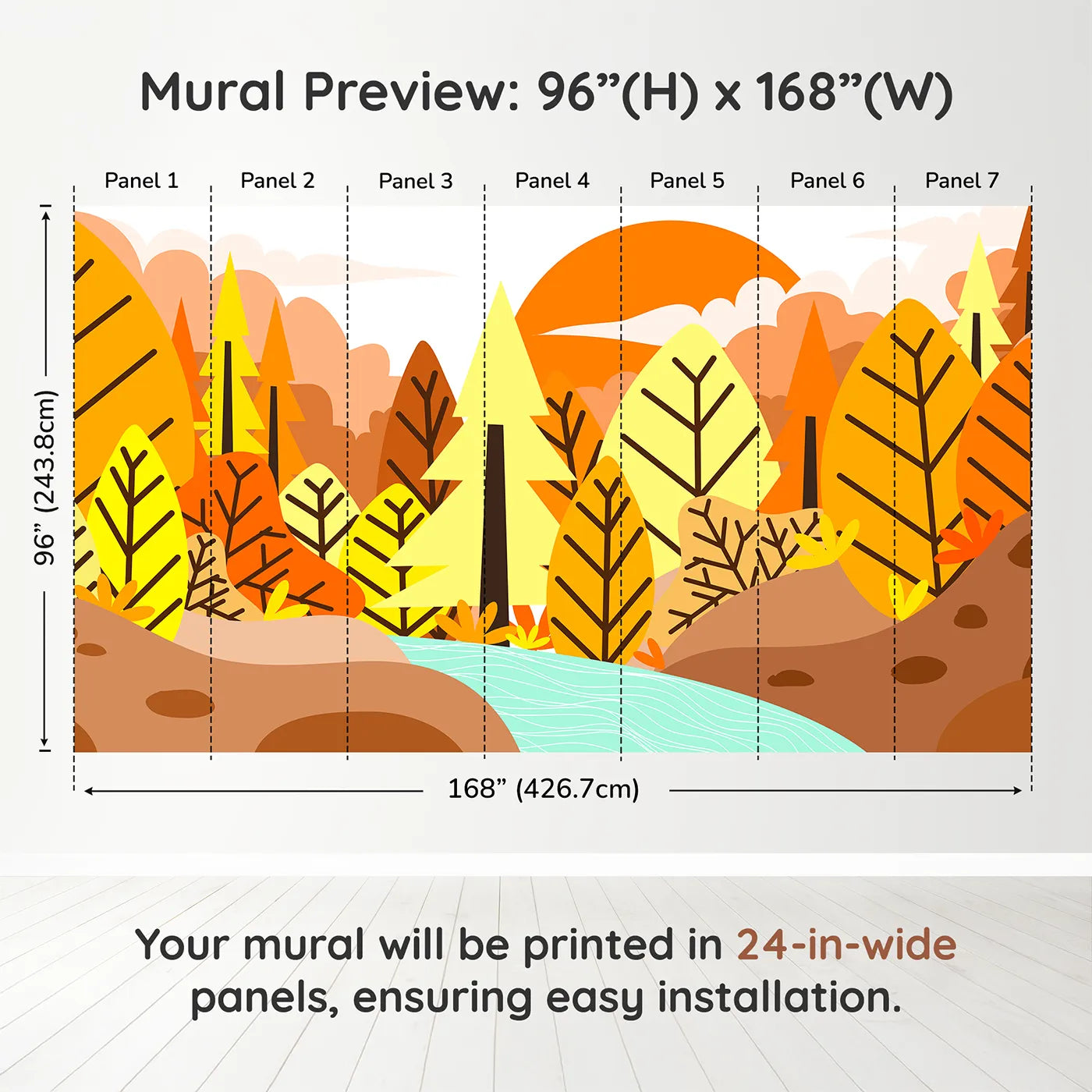 Whimsy Tots Graphic Autumn River Wall Muraldimension view (96" H x 168" W). Printed in seven 24-inch-wide panels. Gender-Neutral