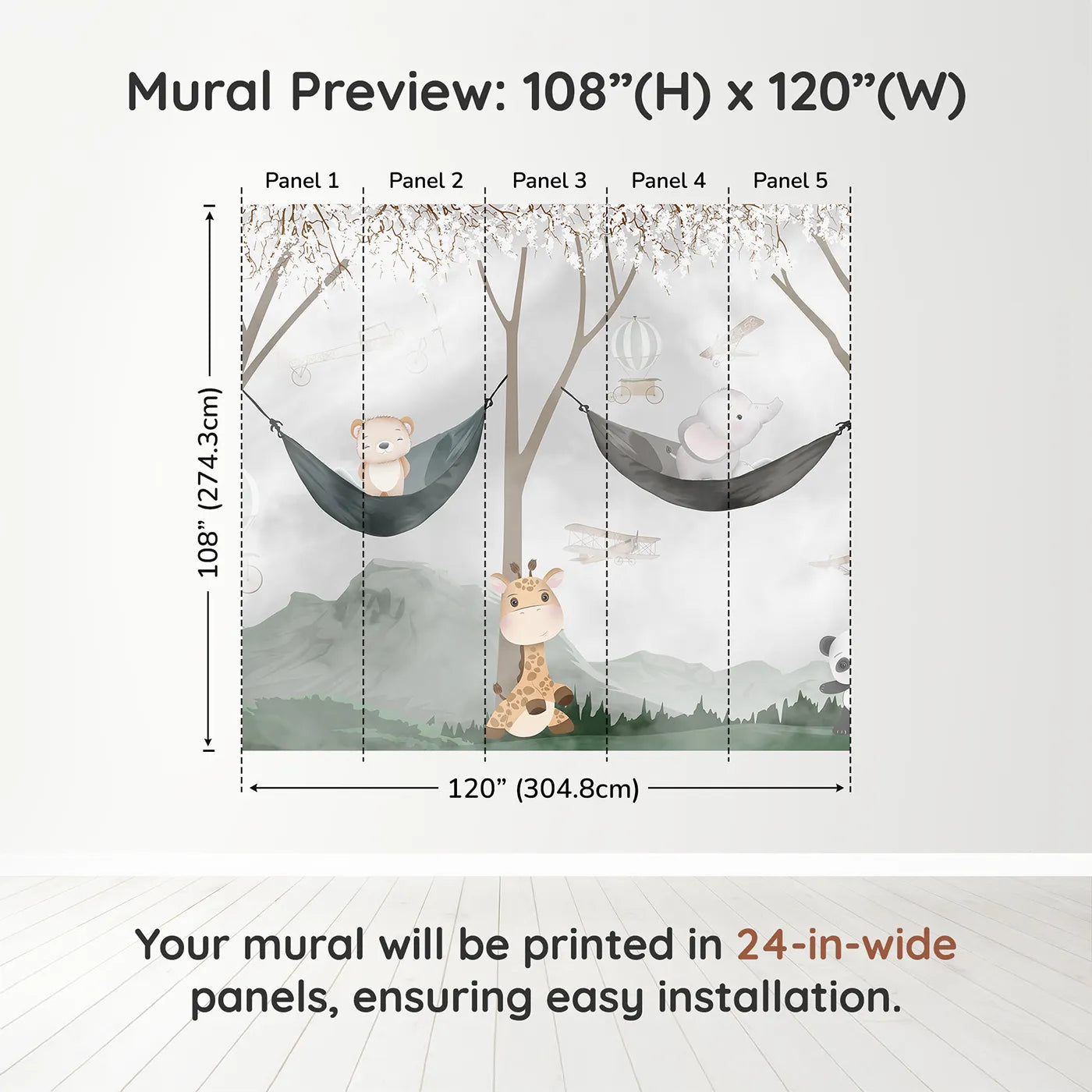 Whimsy Tots Woodland Friends Hangout Wall Muraldimension view (108" H x 120" W). Printed in five 24-inch-wide panels. Gender-Neutral