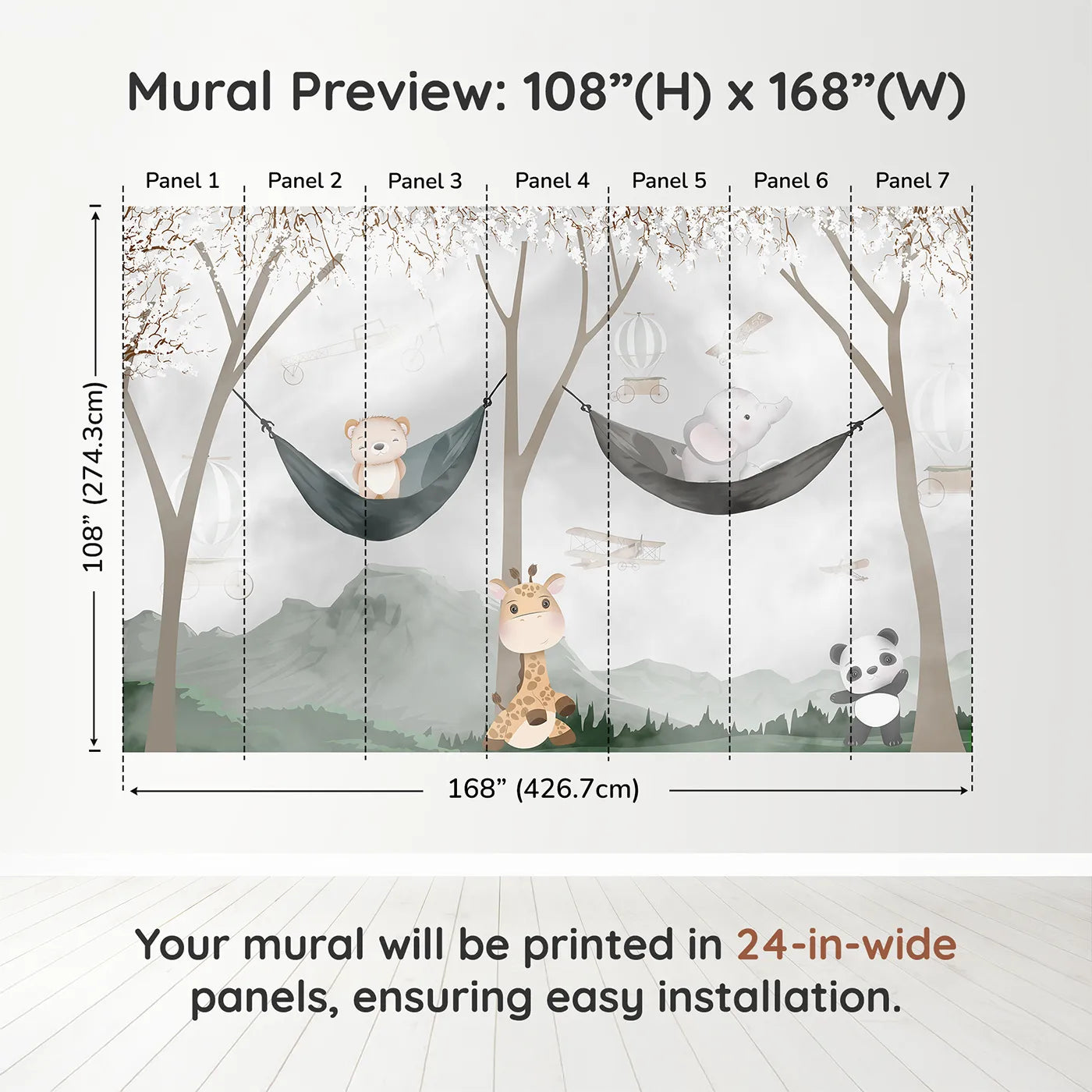Whimsy Tots Woodland Friends Hangout Wall Muraldimension view (108" H x 168" W). Printed in seven 24-inch-wide panels. Gender-Neutral
