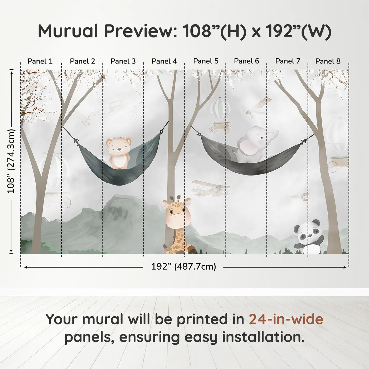Whimsy Tots Woodland Friends Hangout Wall Muraldimension view (108" H x 192" W). Printed in eight 24-inch-wide panels. Gender-Neutral