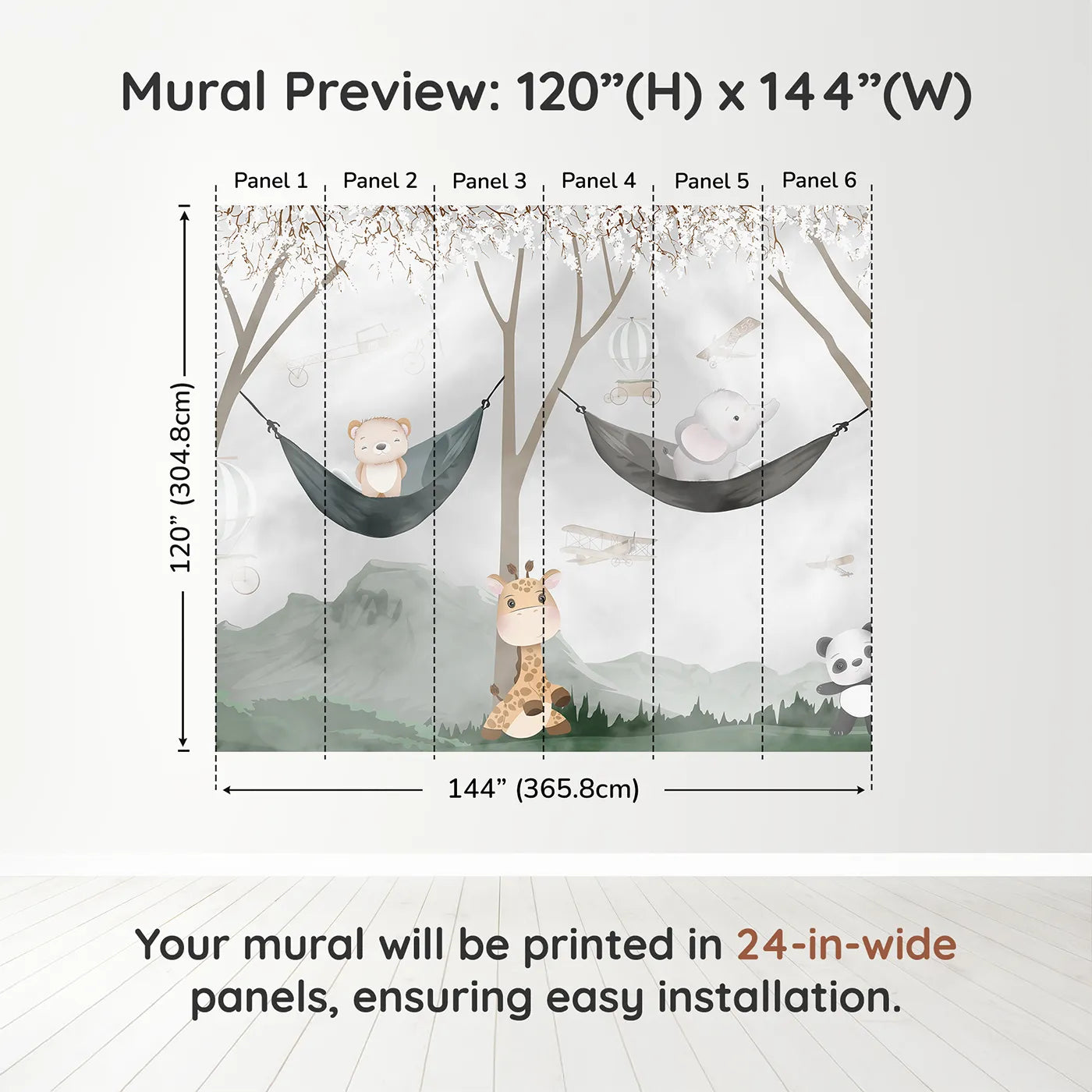 Whimsy Tots Woodland Friends Hangout Wall Muraldimension view (120" H x 144" W). Printed in six 24-inch-wide panels. Gender-Neutral