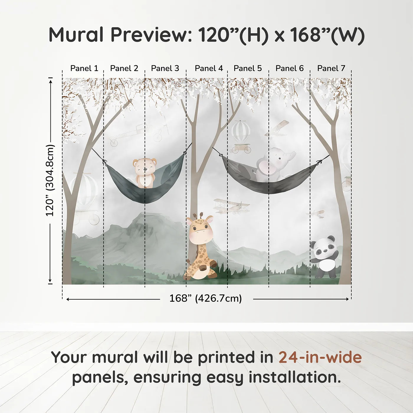Whimsy Tots Woodland Friends Hangout Wall Muraldimension view (120" H x 168" W). Printed in seven 24-inch-wide panels. Gender-Neutral