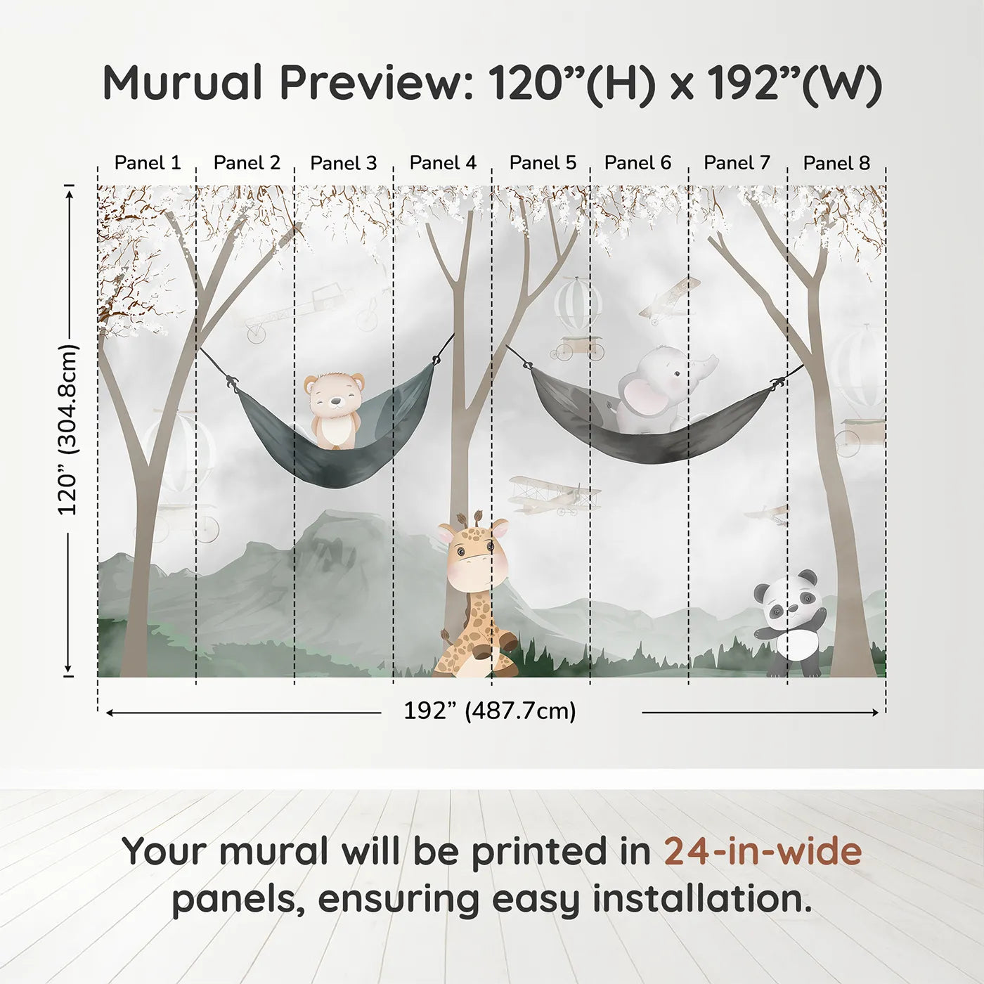 Whimsy Tots Woodland Friends Hangout Wall Muraldimension view (120" H x 192" W). Printed in eight 24-inch-wide panels. Gender-Neutral