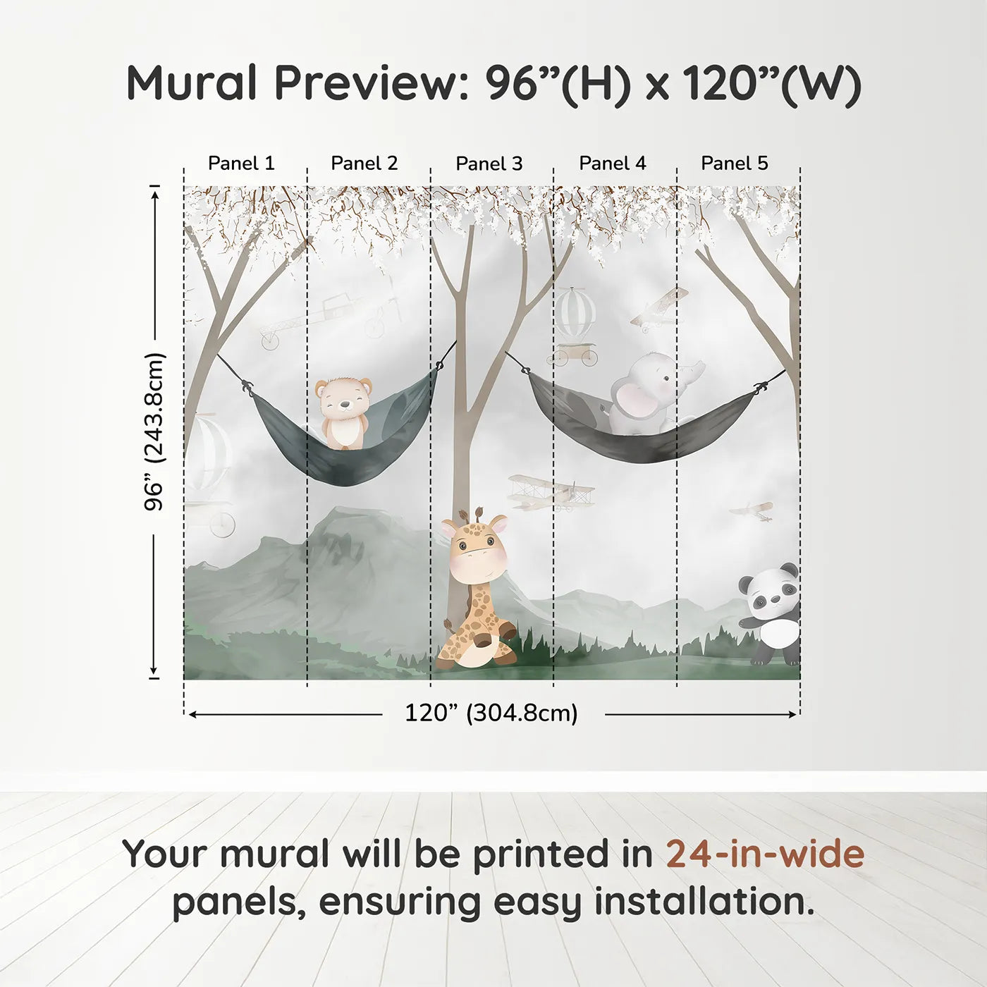 Whimsy Tots Woodland Friends Hangout Wall Muraldimension view (96" H x 120" W). Printed in five 24-inch-wide panels. Gender-Neutral