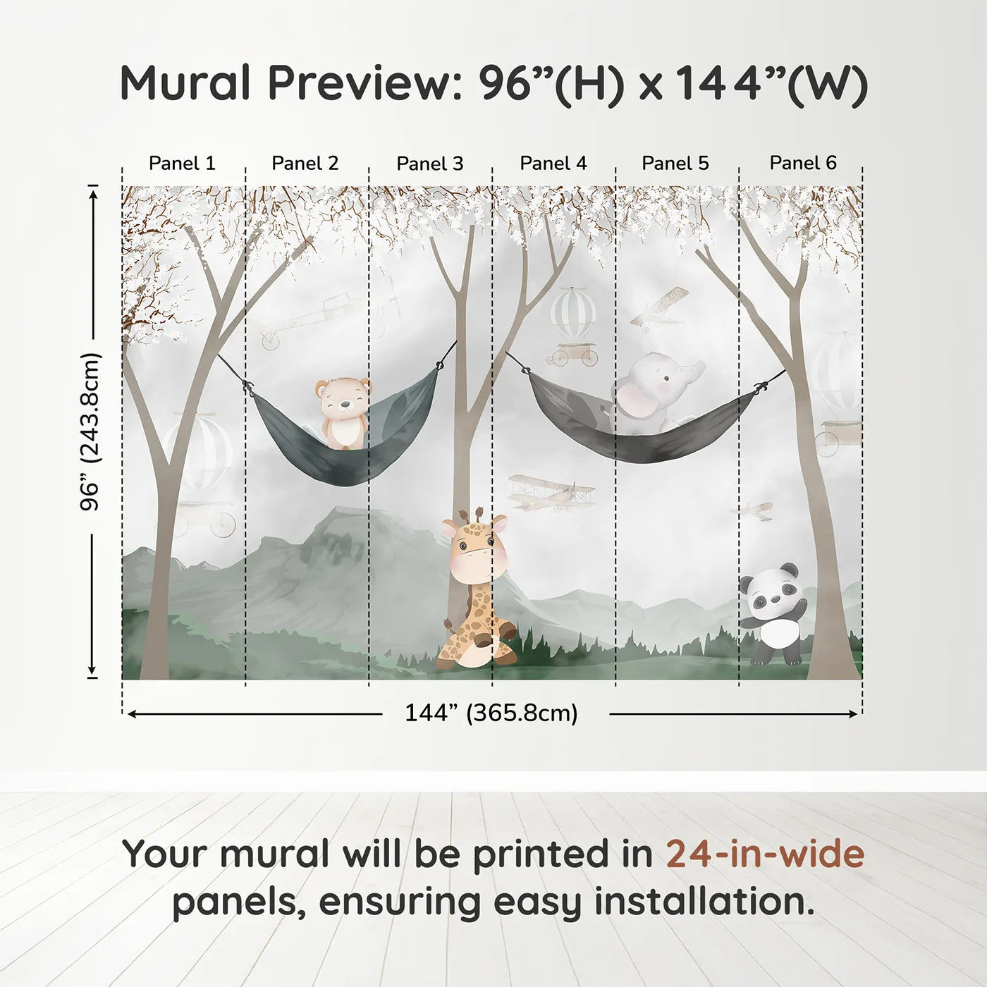 Whimsy Tots Woodland Friends Hangout Wall Muraldimension view (96" H x 144" W). Printed in six 24-inch-wide panels. Gender-Neutral