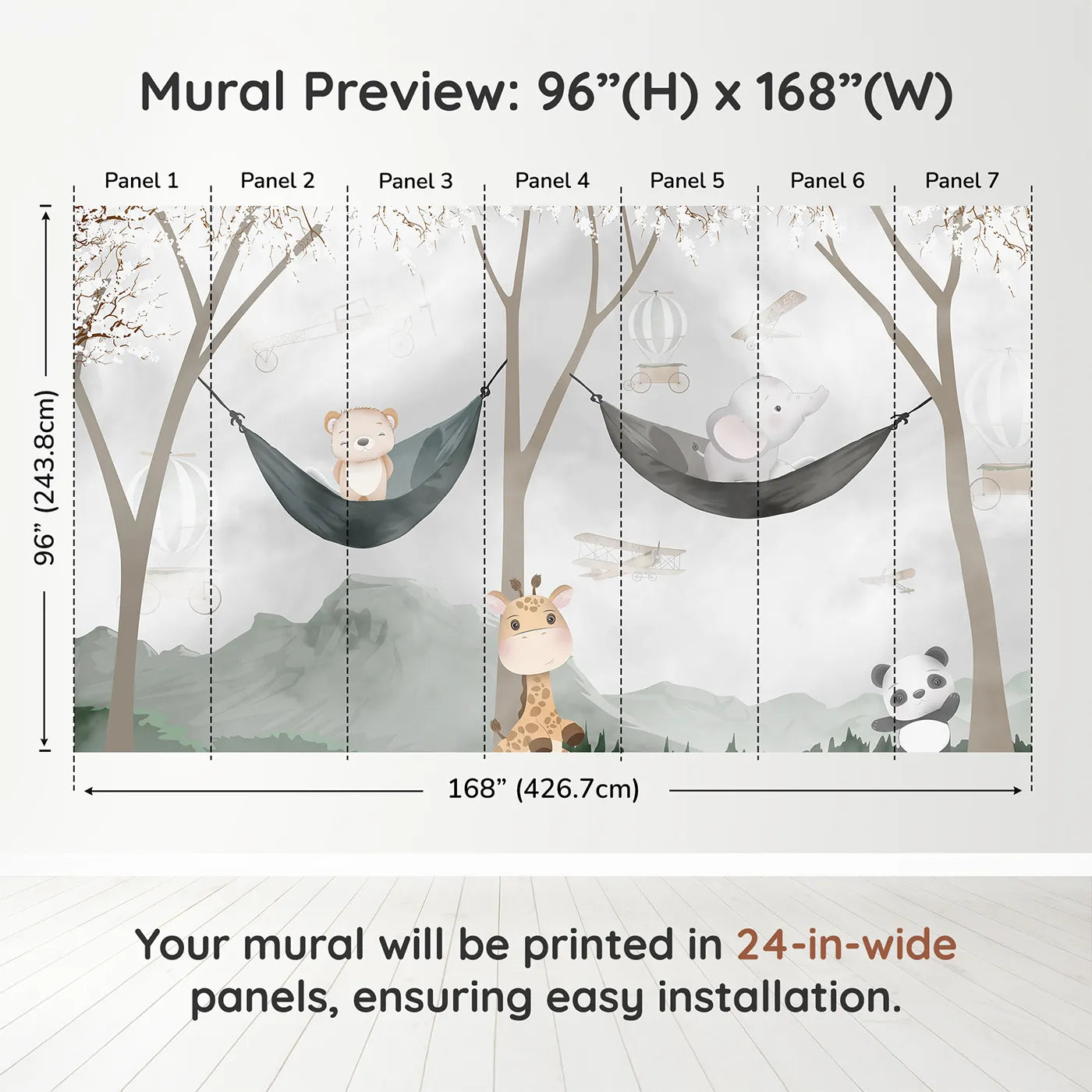 Whimsy Tots Woodland Friends Hangout Wall Muraldimension view (96" H x 168" W). Printed in seven 24-inch-wide panels. Gender-Neutral