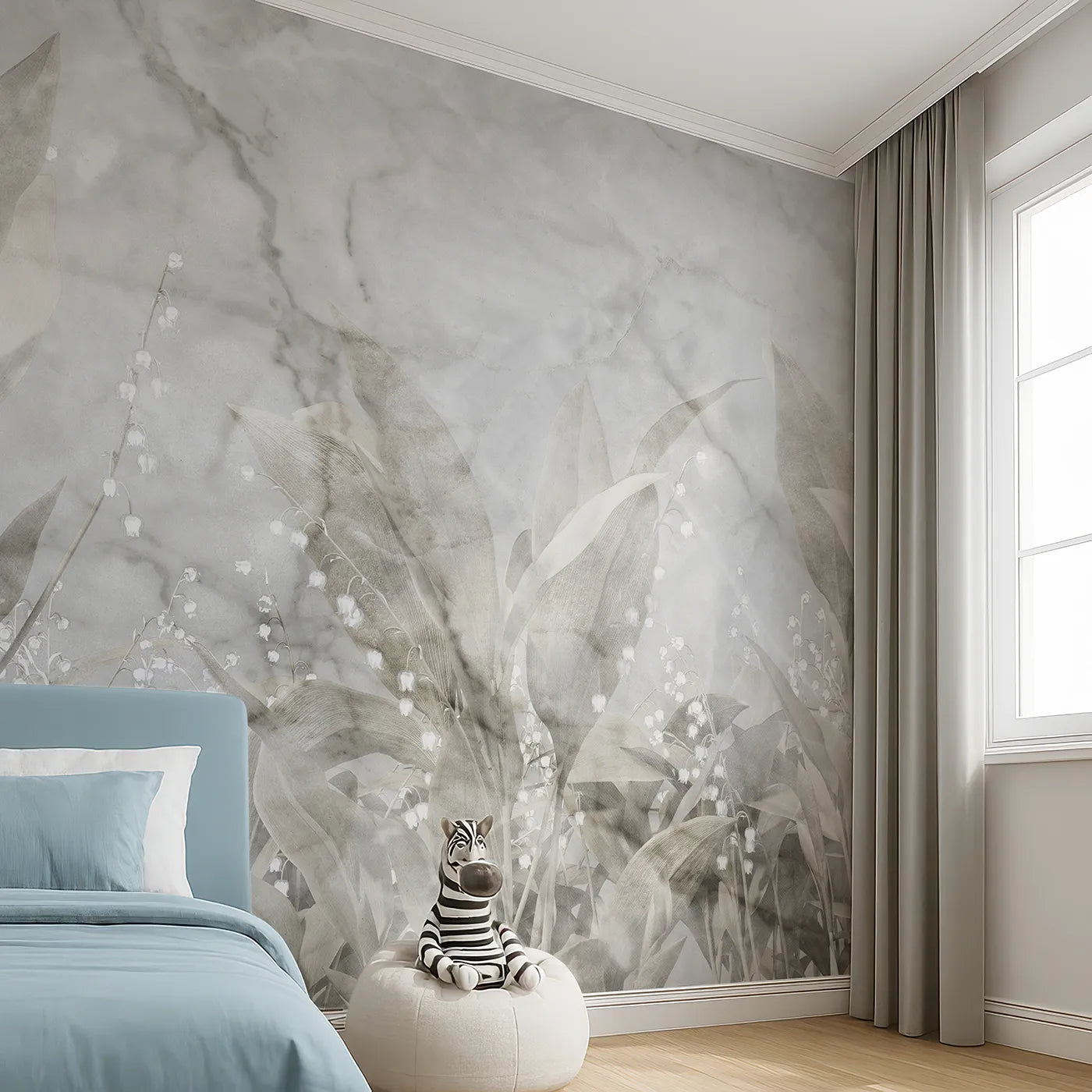 Angled view of Whimsy Tots' Lily of the Valley Marble Wall Mural (Turn Their Room into an Elegant, Ethereal Garden).Gender-Neutral