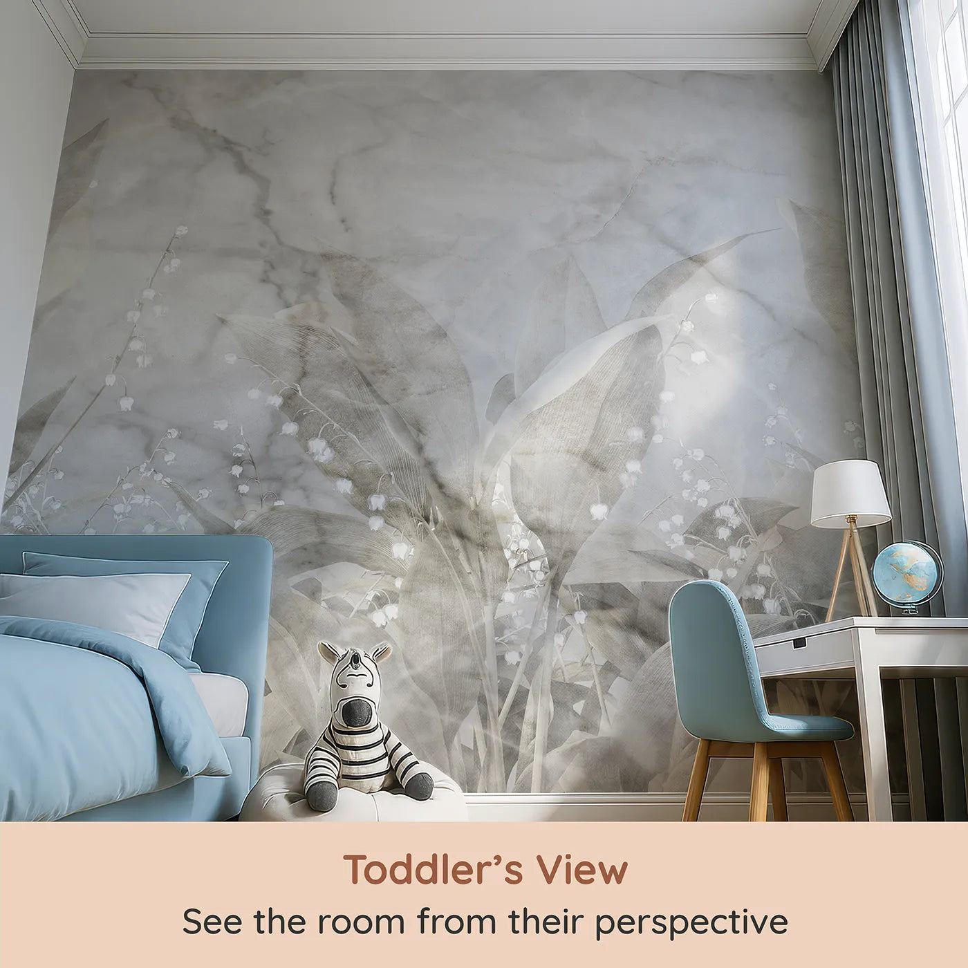 Whimsy Tots Lily of the Valley Marble Wall Mural (Turn Their Room into an Elegant, Ethereal Garden) from your child's view.Gender-Neutral