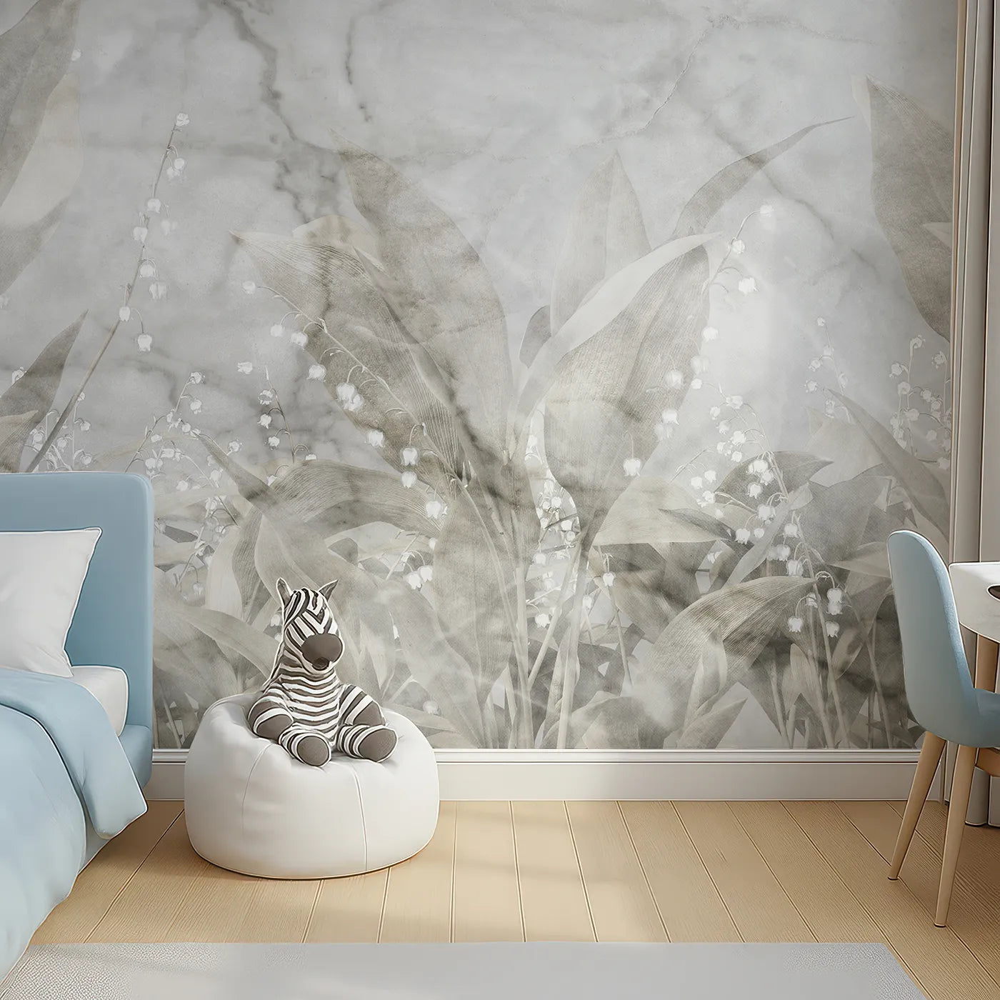 Top-down view of Whimsy Tots' Lily of the Valley Marble Wall Mural (Turn Their Room into an Elegant, Ethereal Garden).Gender-Neutral