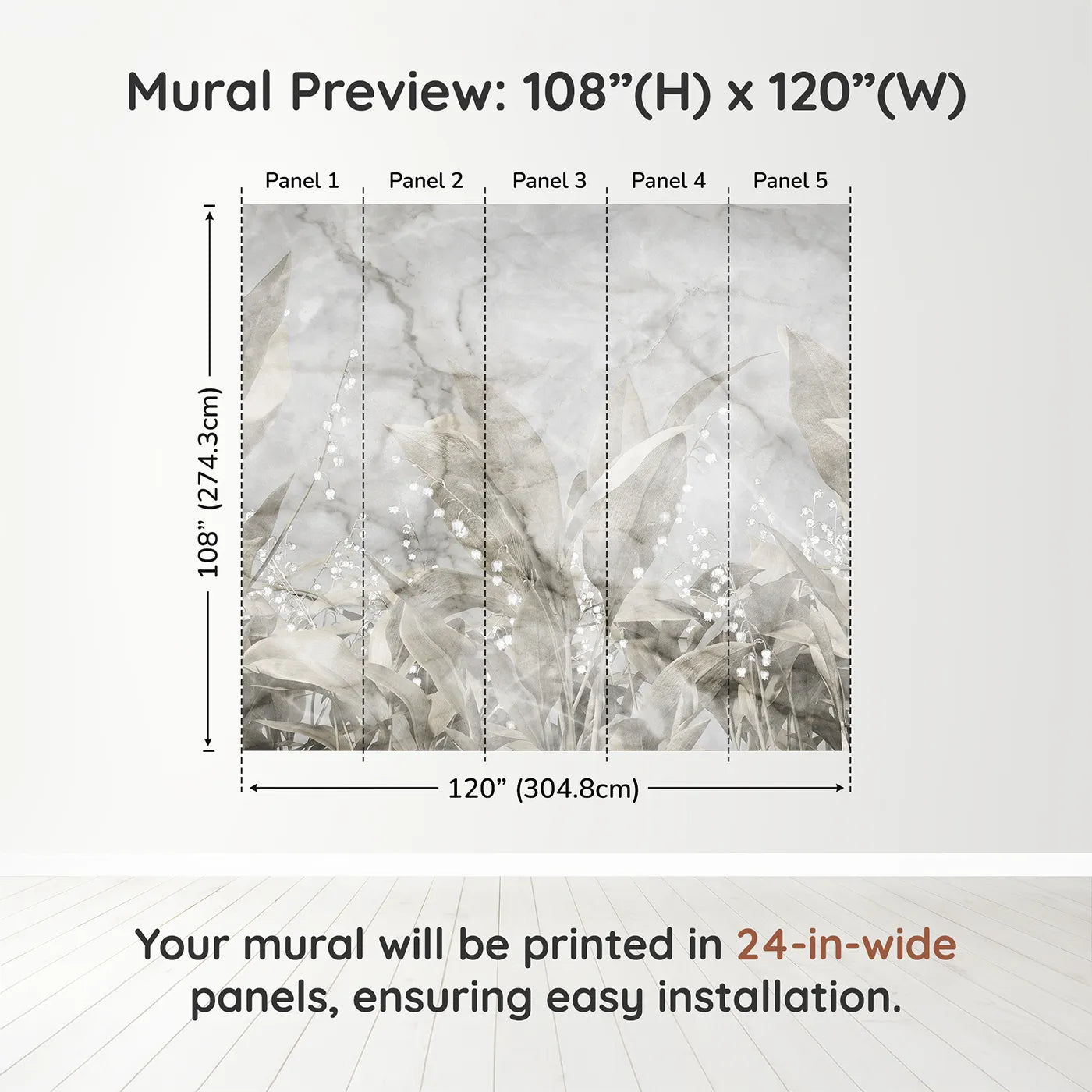 Whimsy Tots Lily of the Valley Marble Wall Muraldimension view (108" H x 120" W). Printed in five 24-inch-wide panels. Gender-Neutral