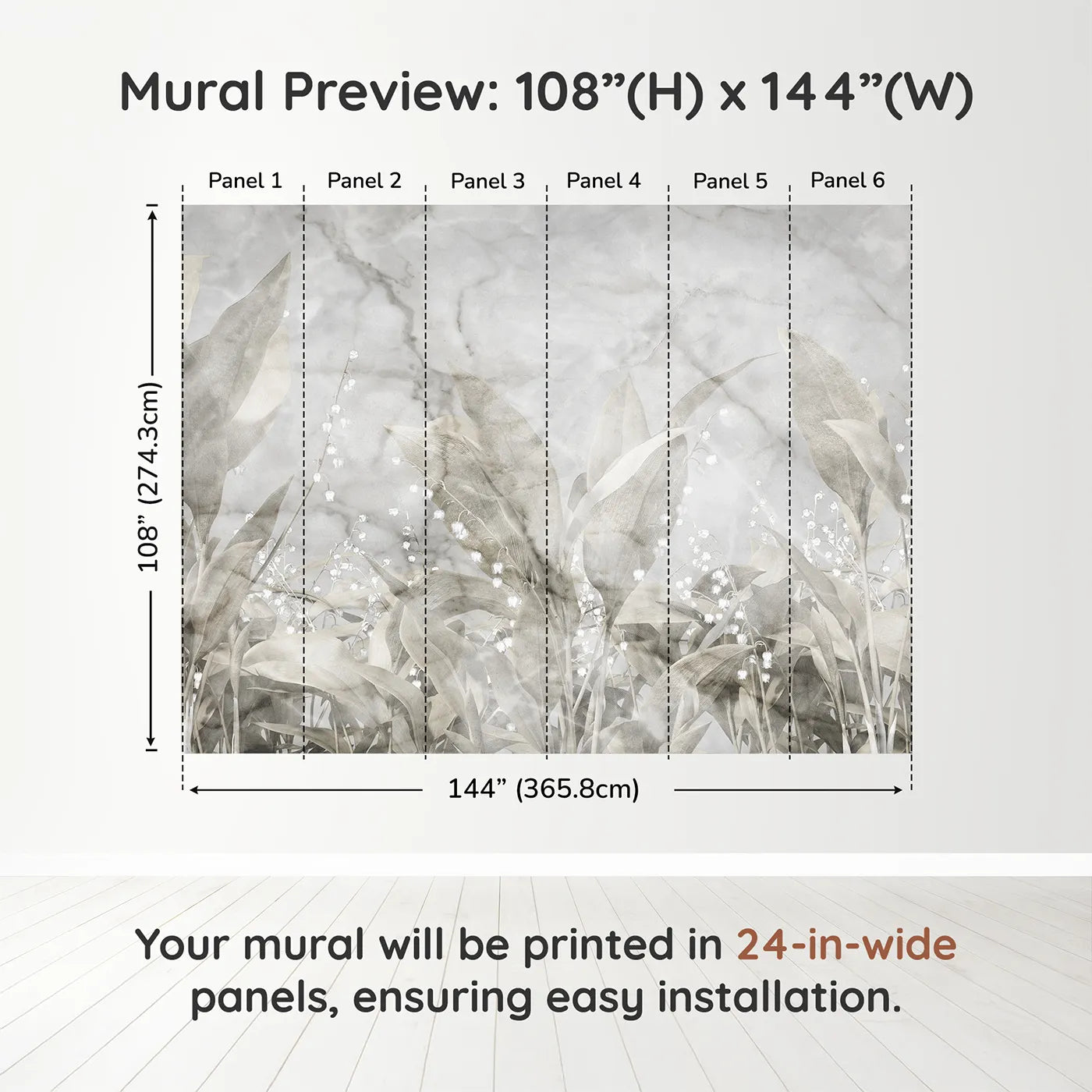Whimsy Tots Lily of the Valley Marble Wall Muraldimension view (108" H x 144" W). Printed in six 24-inch-wide panels. Gender-Neutral