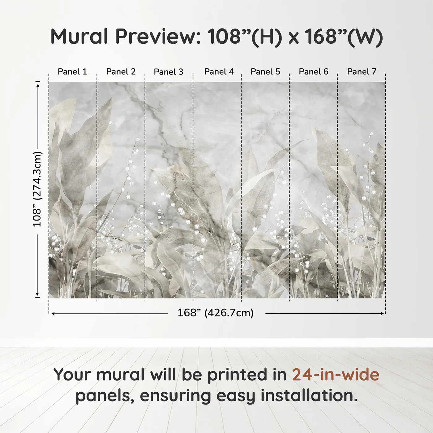 Whimsy Tots Lily of the Valley Marble Wall Muraldimension view (108" H x 168" W). Printed in seven 24-inch-wide panels. Gender-Neutral