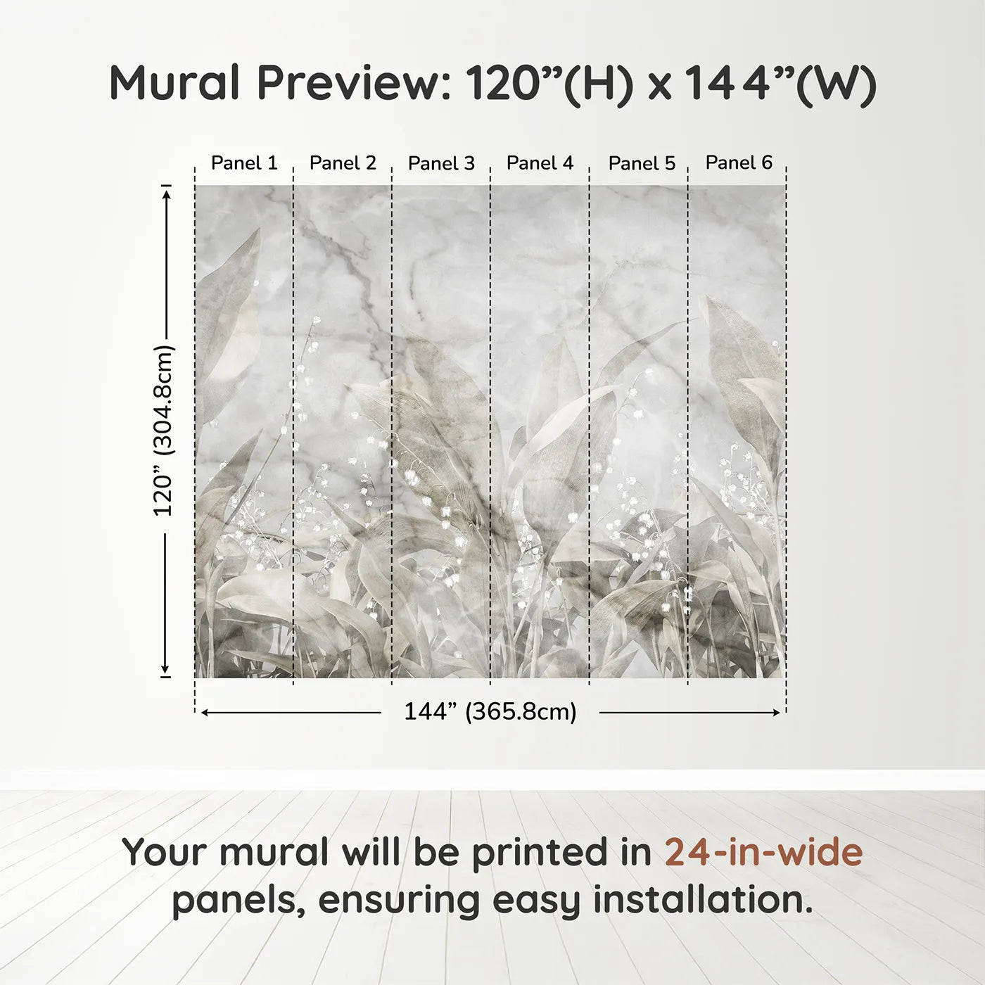 Whimsy Tots Lily of the Valley Marble Wall Muraldimension view (120" H x 144" W). Printed in six 24-inch-wide panels. Gender-Neutral