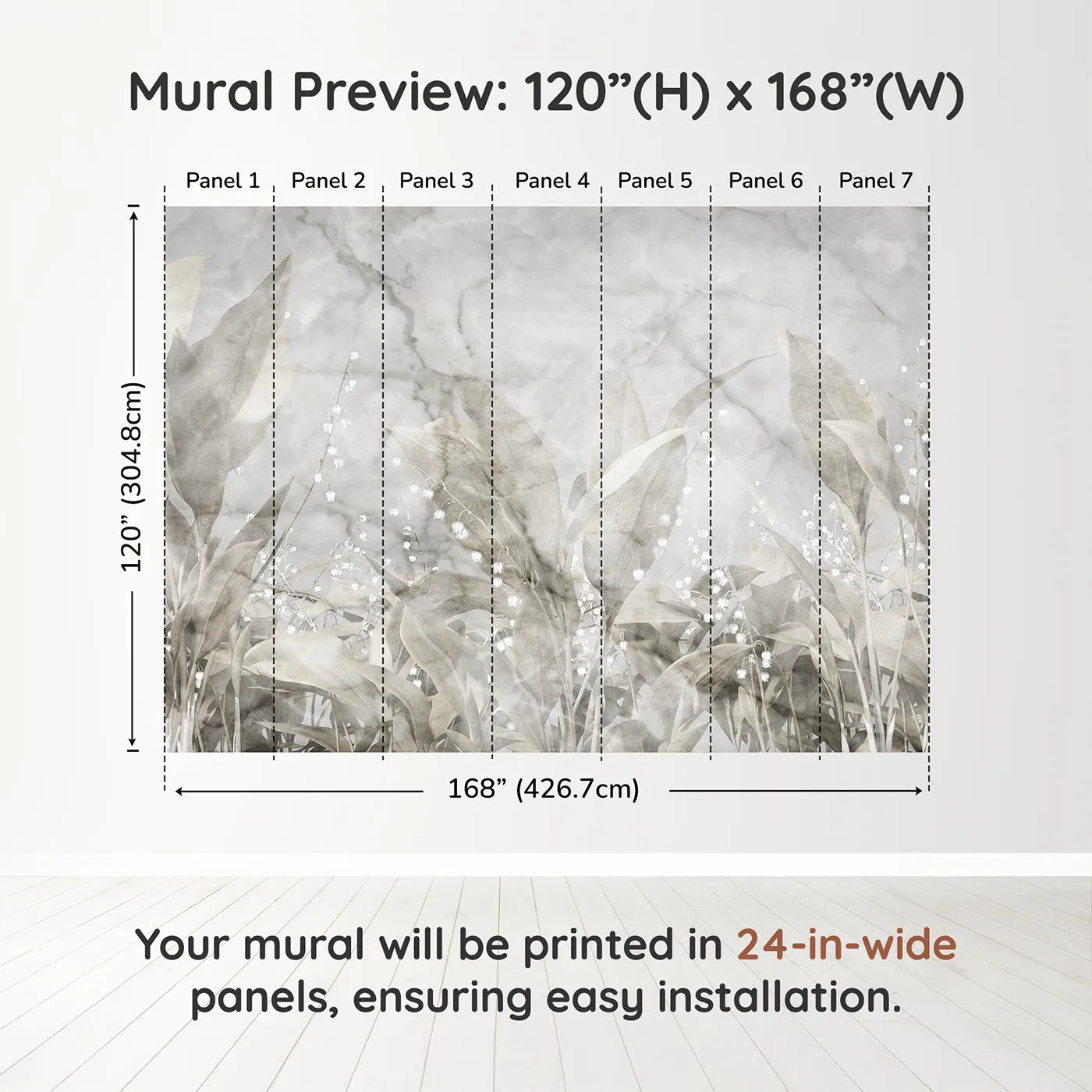 Whimsy Tots Lily of the Valley Marble Wall Muraldimension view (120" H x 168" W). Printed in seven 24-inch-wide panels. Gender-Neutral