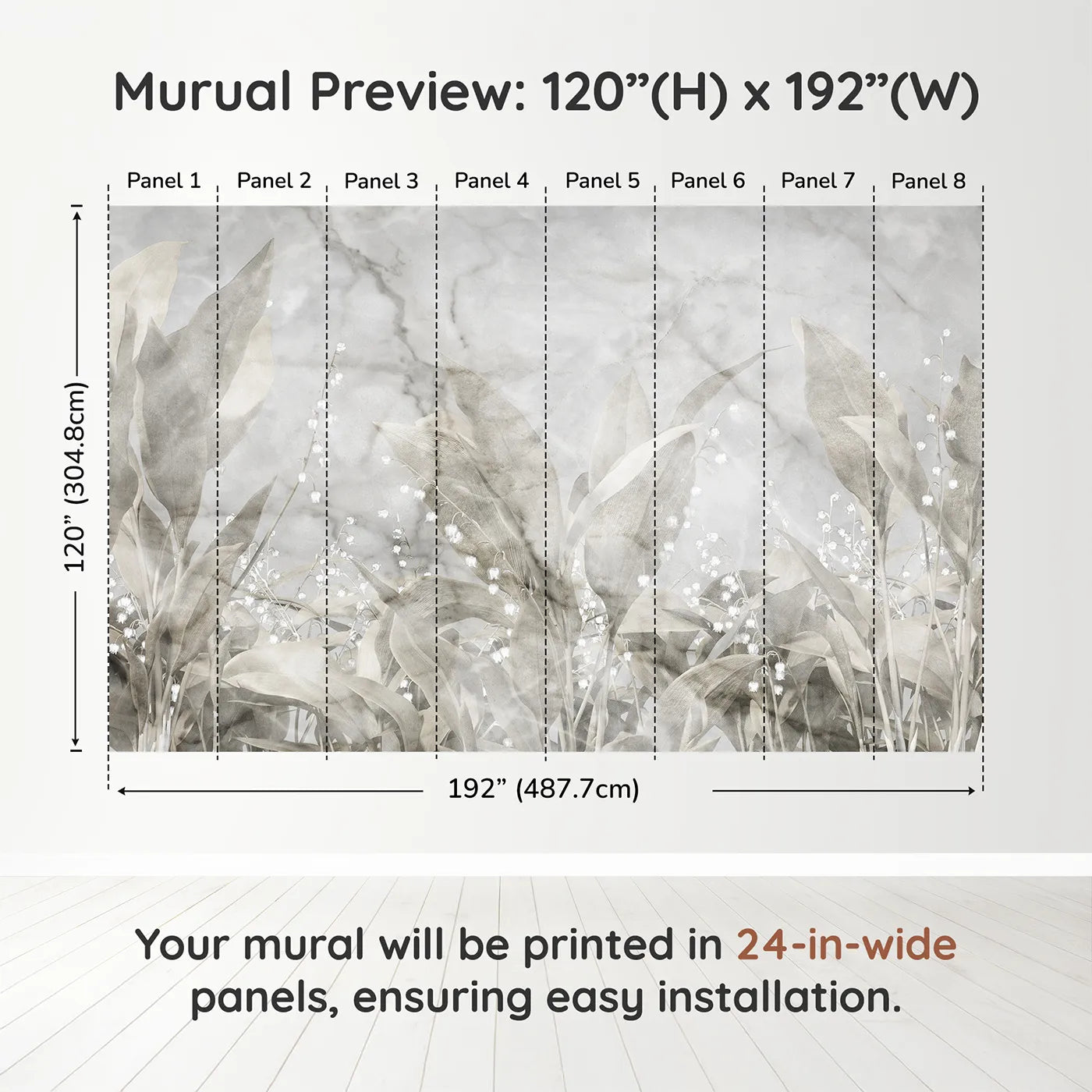 Whimsy Tots Lily of the Valley Marble Wall Muraldimension view (120" H x 192" W). Printed in eight 24-inch-wide panels. Gender-Neutral