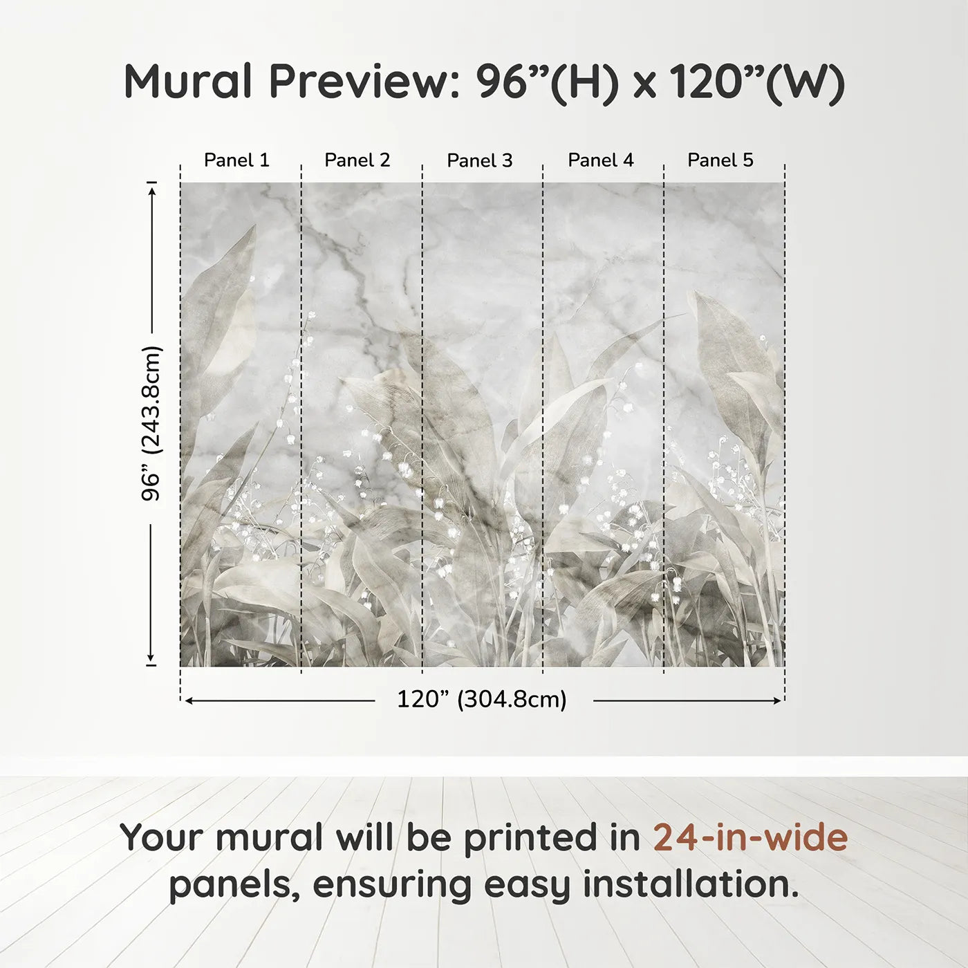 Whimsy Tots Lily of the Valley Marble Wall Muraldimension view (96" H x 120" W). Printed in five 24-inch-wide panels. Gender-Neutral