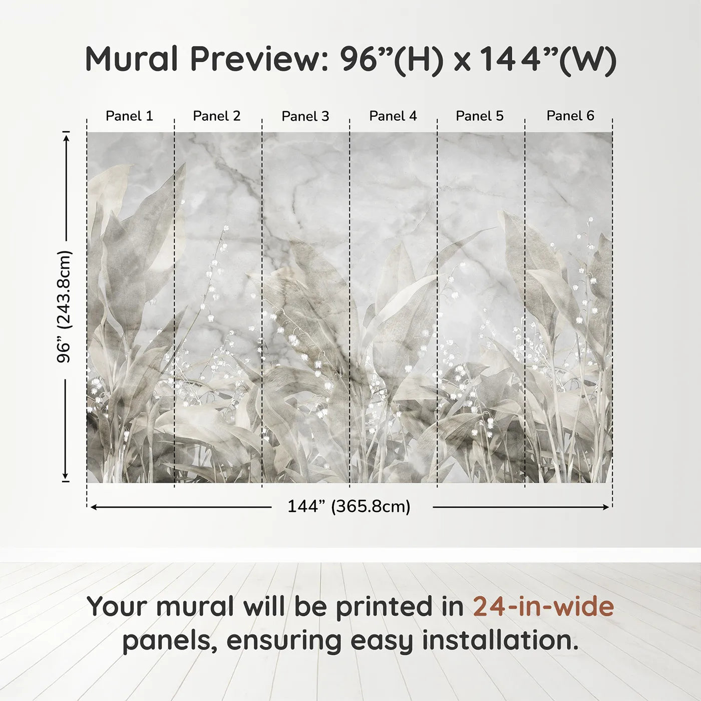 Whimsy Tots Lily of the Valley Marble Wall Muraldimension view (96" H x 144" W). Printed in six 24-inch-wide panels. Gender-Neutral